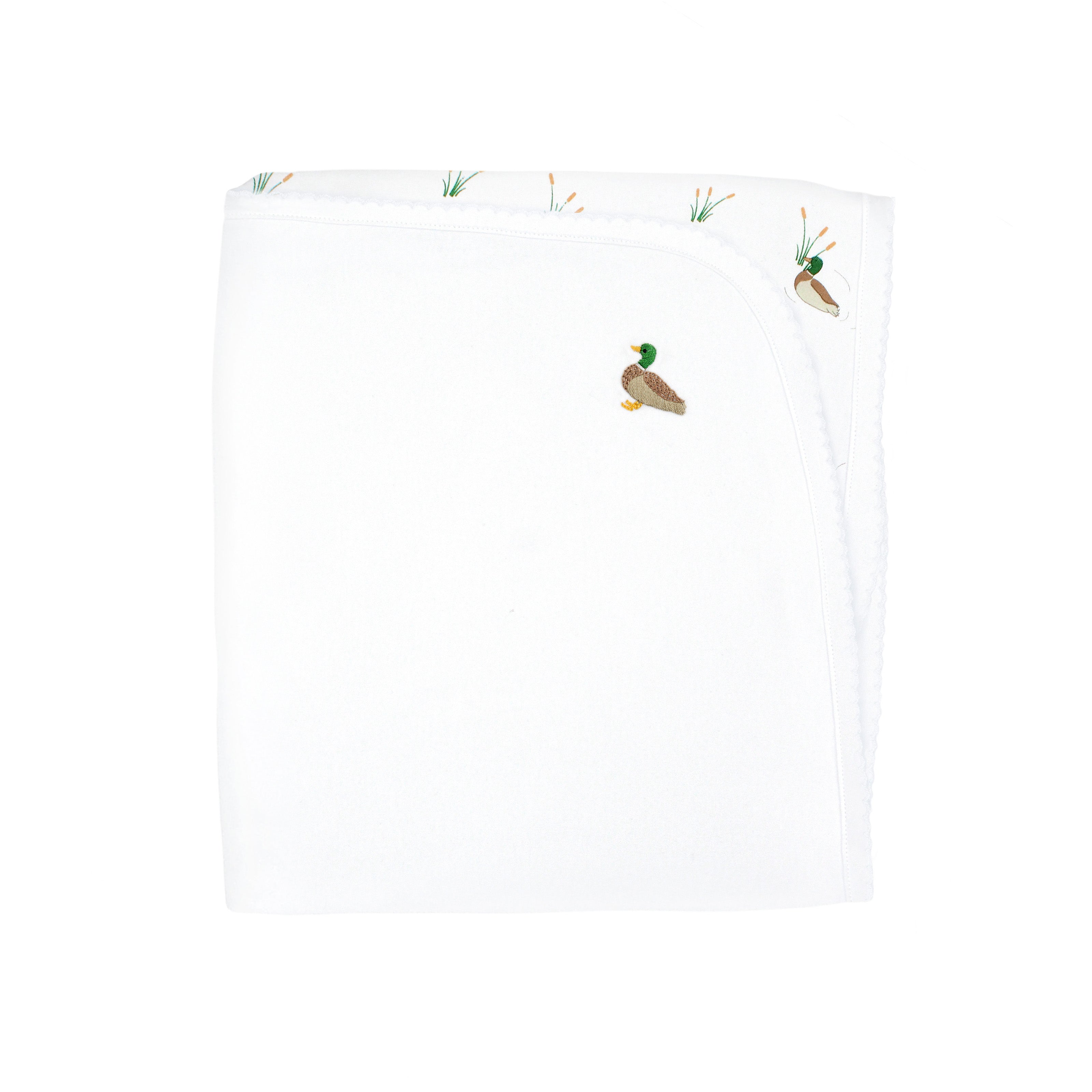 Baby boy blanket in Peruvian Pima cotton with printed and hand-embroidered mallard ducks — elegant, soft, and ideal for delicate newborn skin.