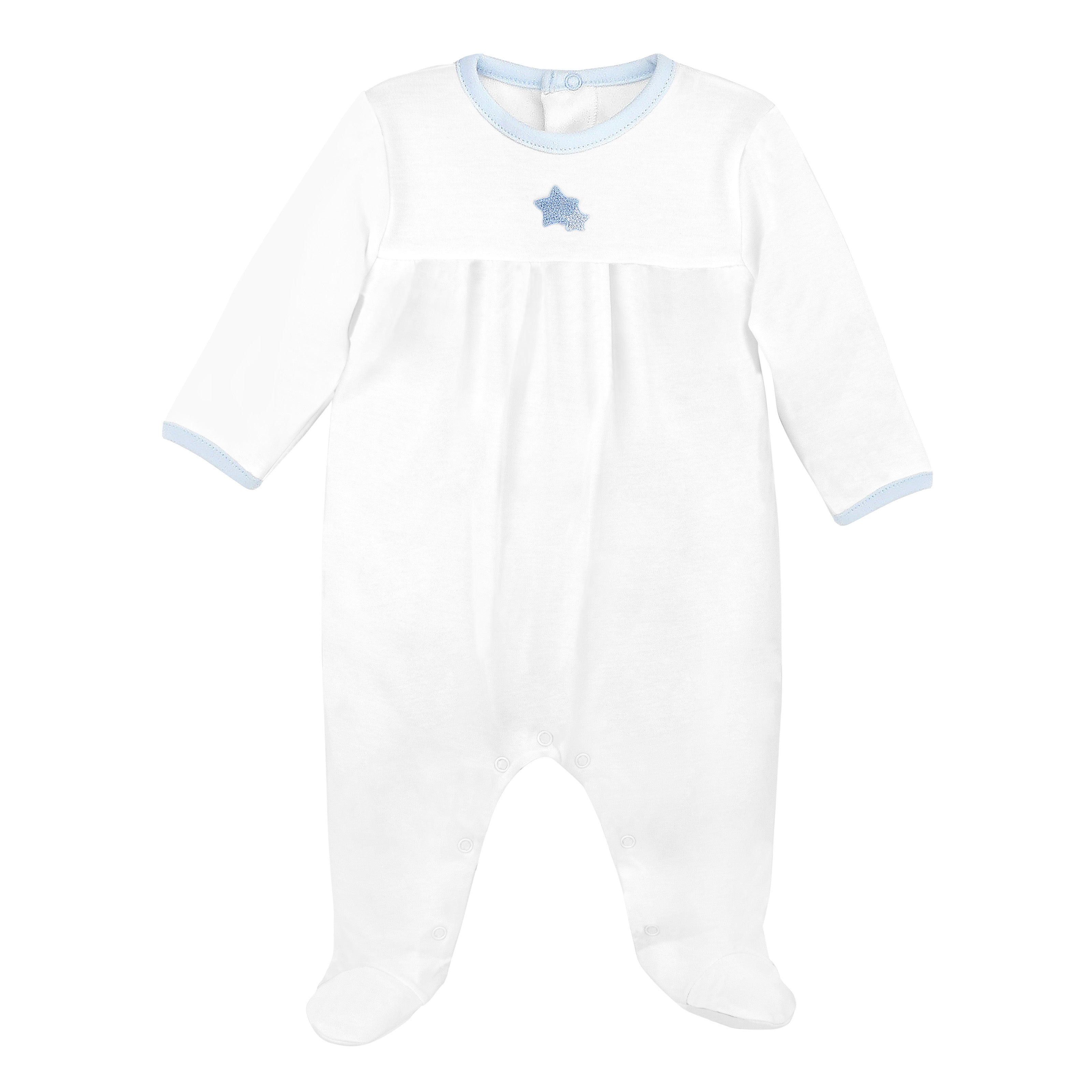 Baby boy footie in Peruvian Pima cotton with embroidered double stars and soft ruffle accent — warm, elegant, and baby-friendly.