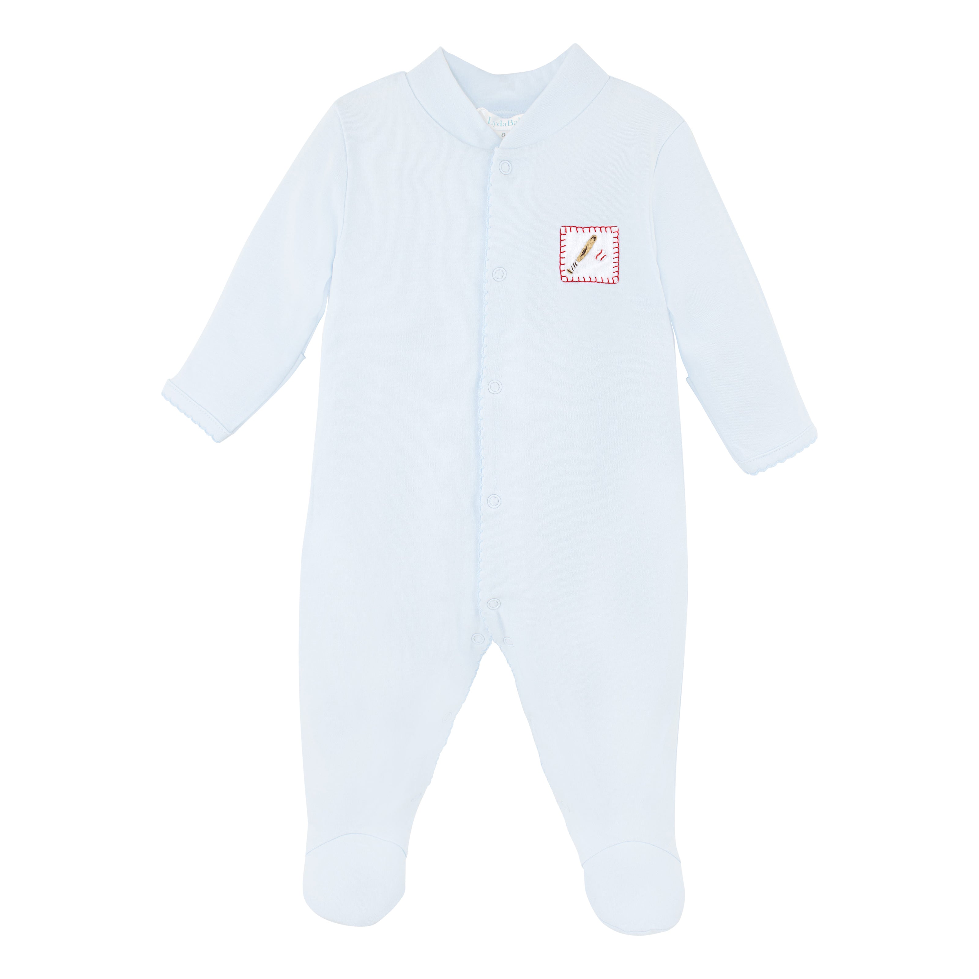 Luxury baby boy footie in blue Peruvian Pima cotton with hand-embroidered baseball bat on the chest, breathable newborn outfit.