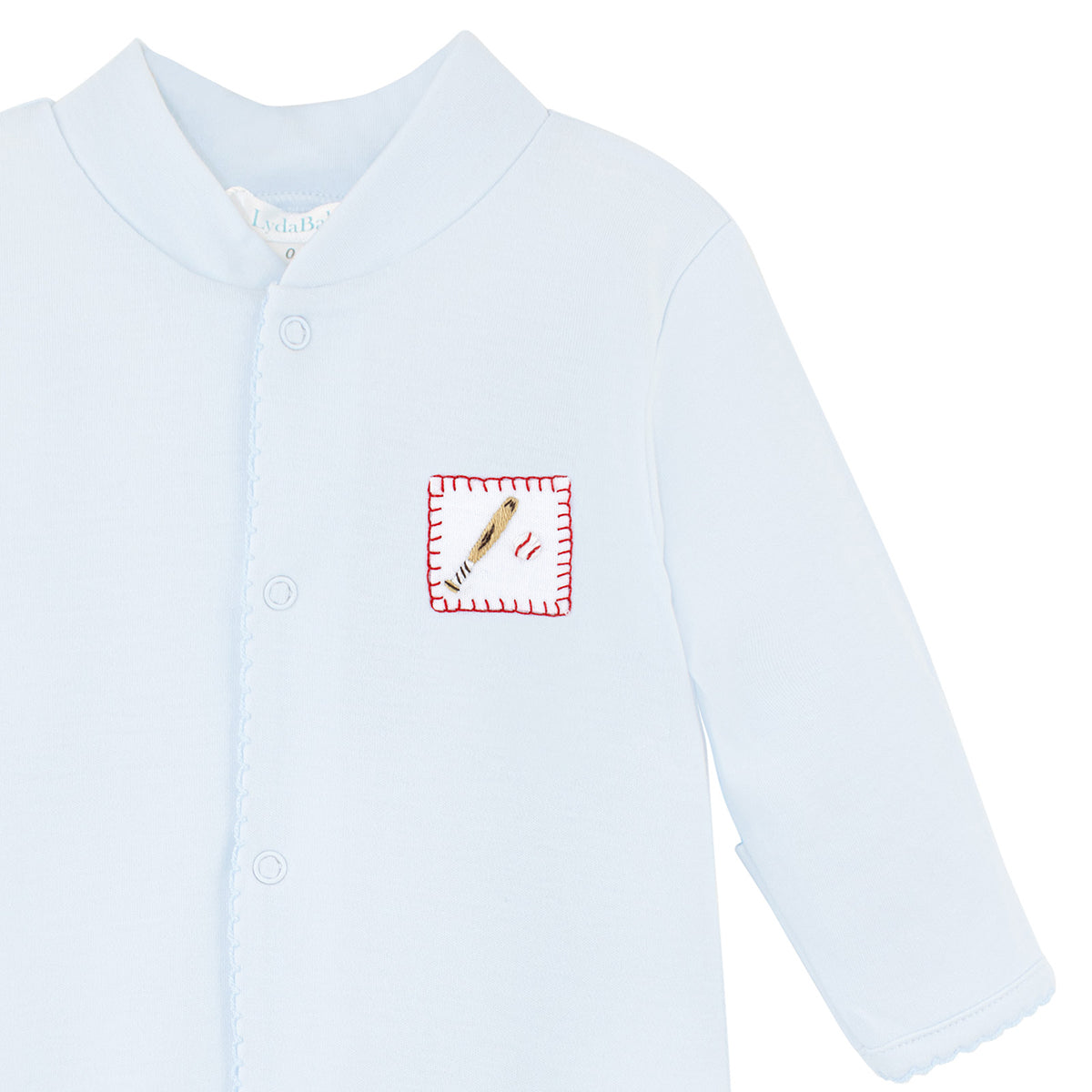 Luxury baby boy footie in blue Peruvian Pima cotton with hand-embroidered baseball bat on the chest, breathable newborn outfit.