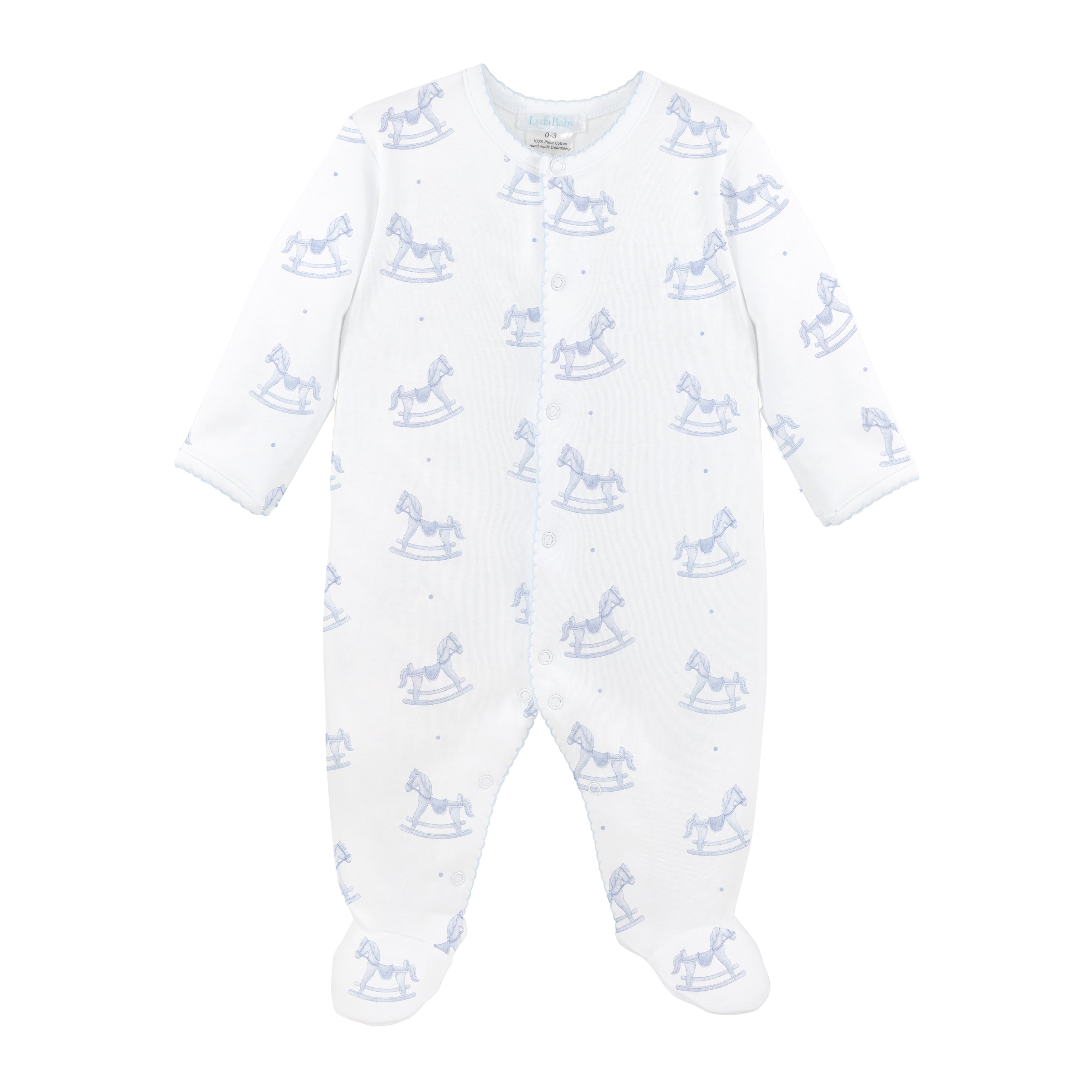 Luxury baby boy footie in Peruvian Pima cotton with wooden rocking horse print, soft and breathable infant outfit.