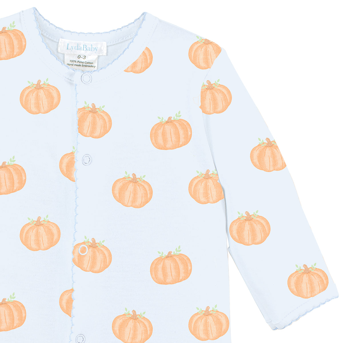 Luxury baby boy footie in light blue Peruvian Pima cotton with festive orange pumpkin print, soft and breathable for babies..