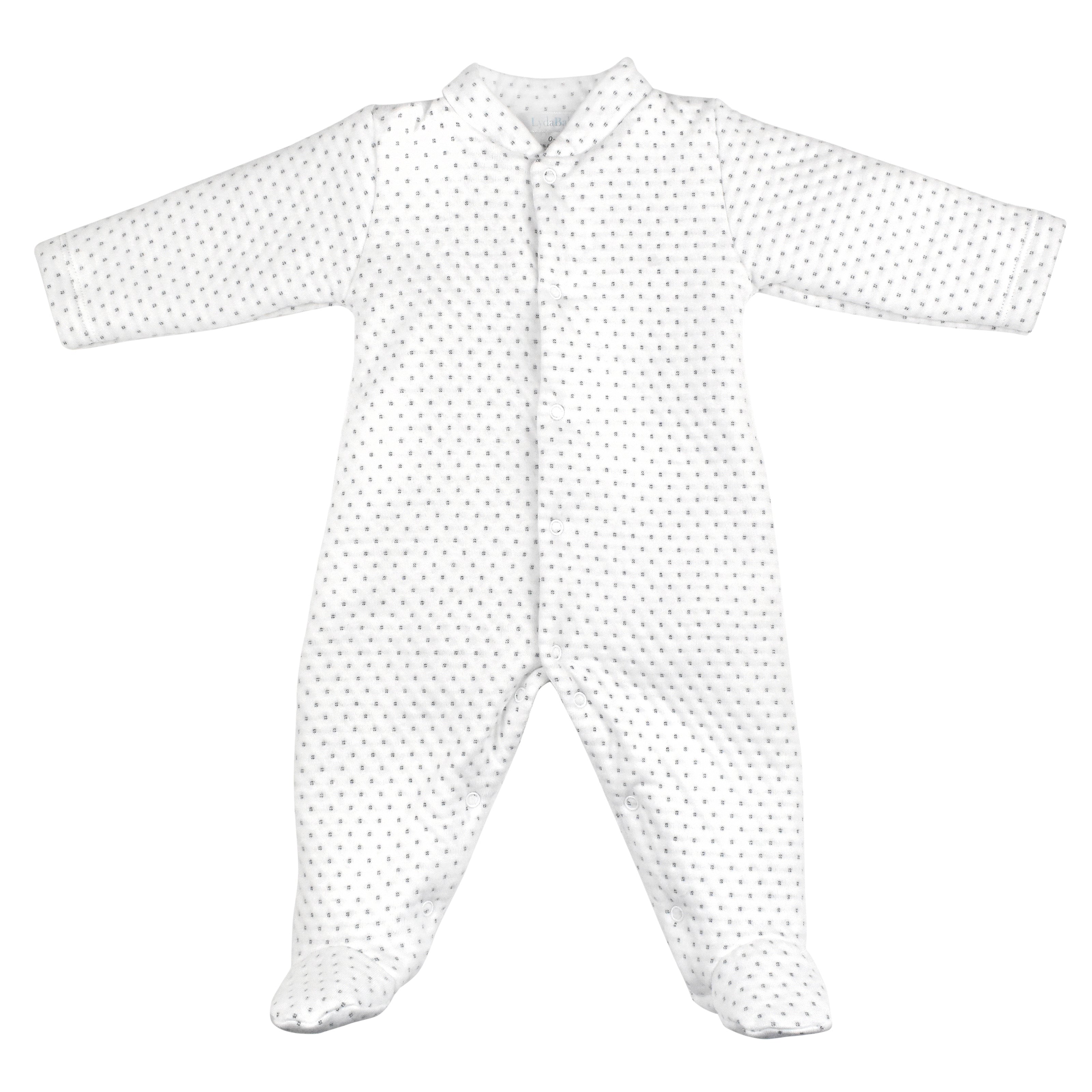 Luxury baby boy white zipper footie with blue polka dots in 75% cotton 25% naylon, warm thick flannel one-piece for autumn winter