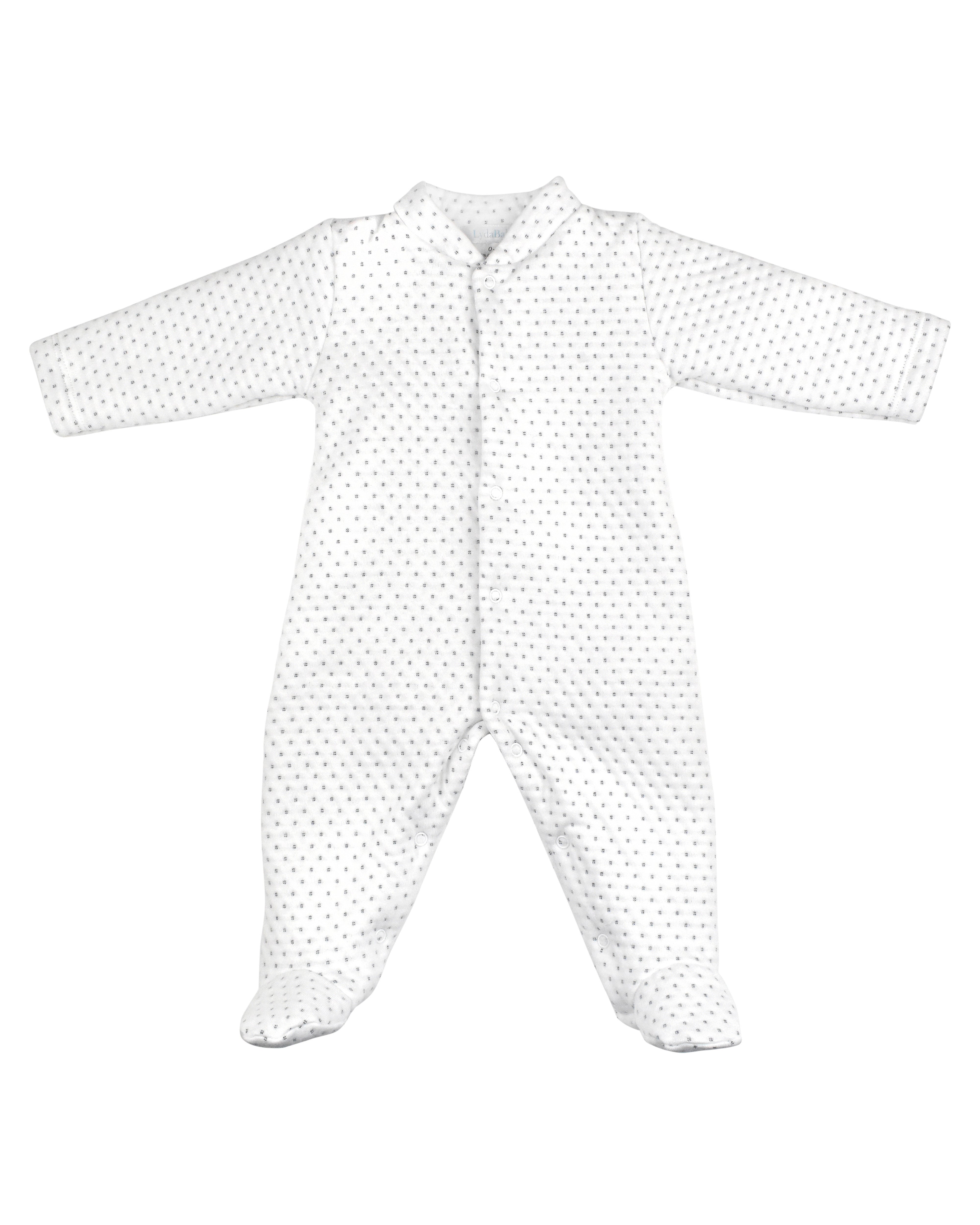 Luxury baby boy white zipper footie with blue polka dots in 75% cotton 25% naylon, warm thick flannel one-piece for autumn winter