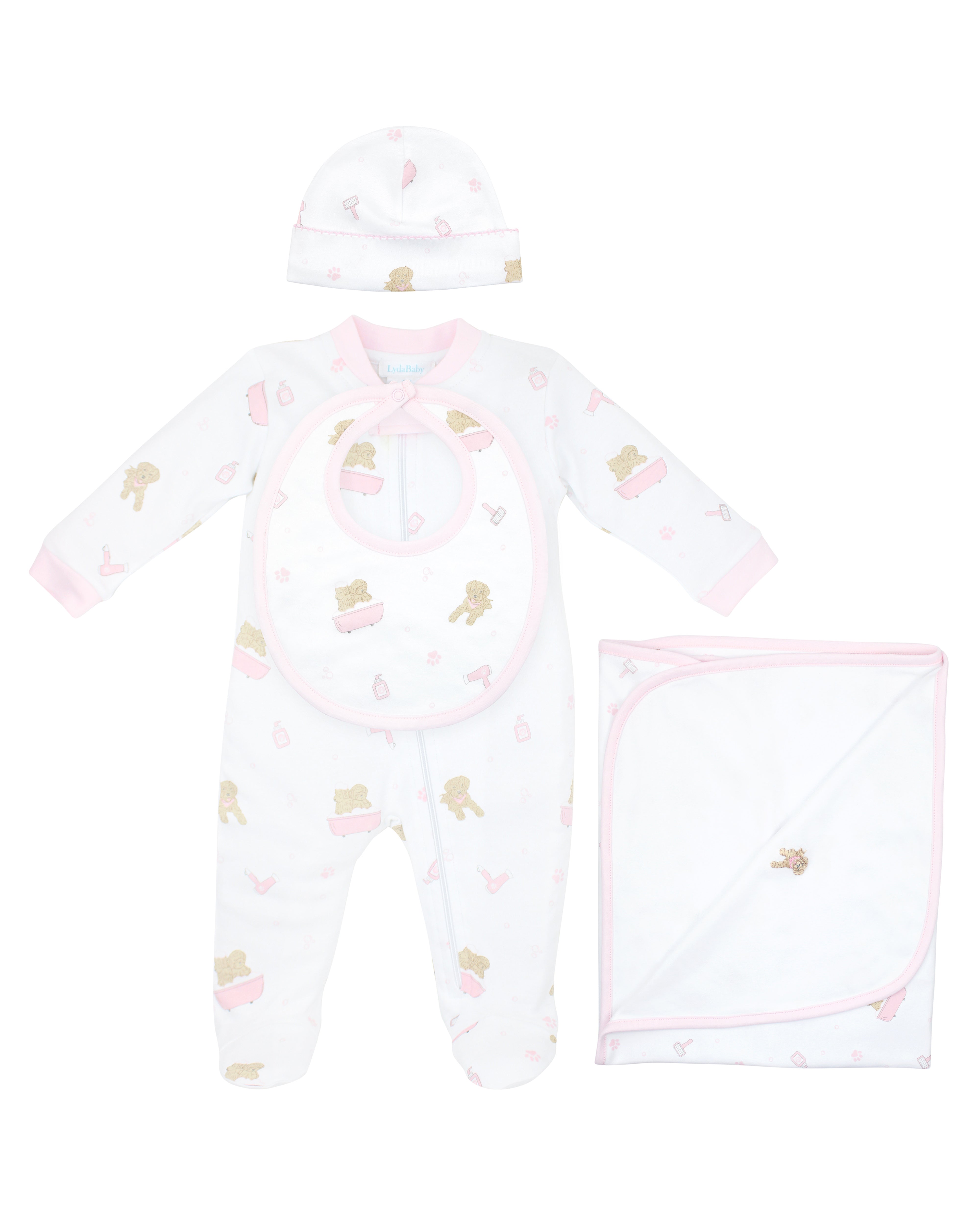4-piece luxury baby boy set in Peruvian Pima cotton with "Pet Spa" print — includes footie, blanket, burpie, hat, and bib.