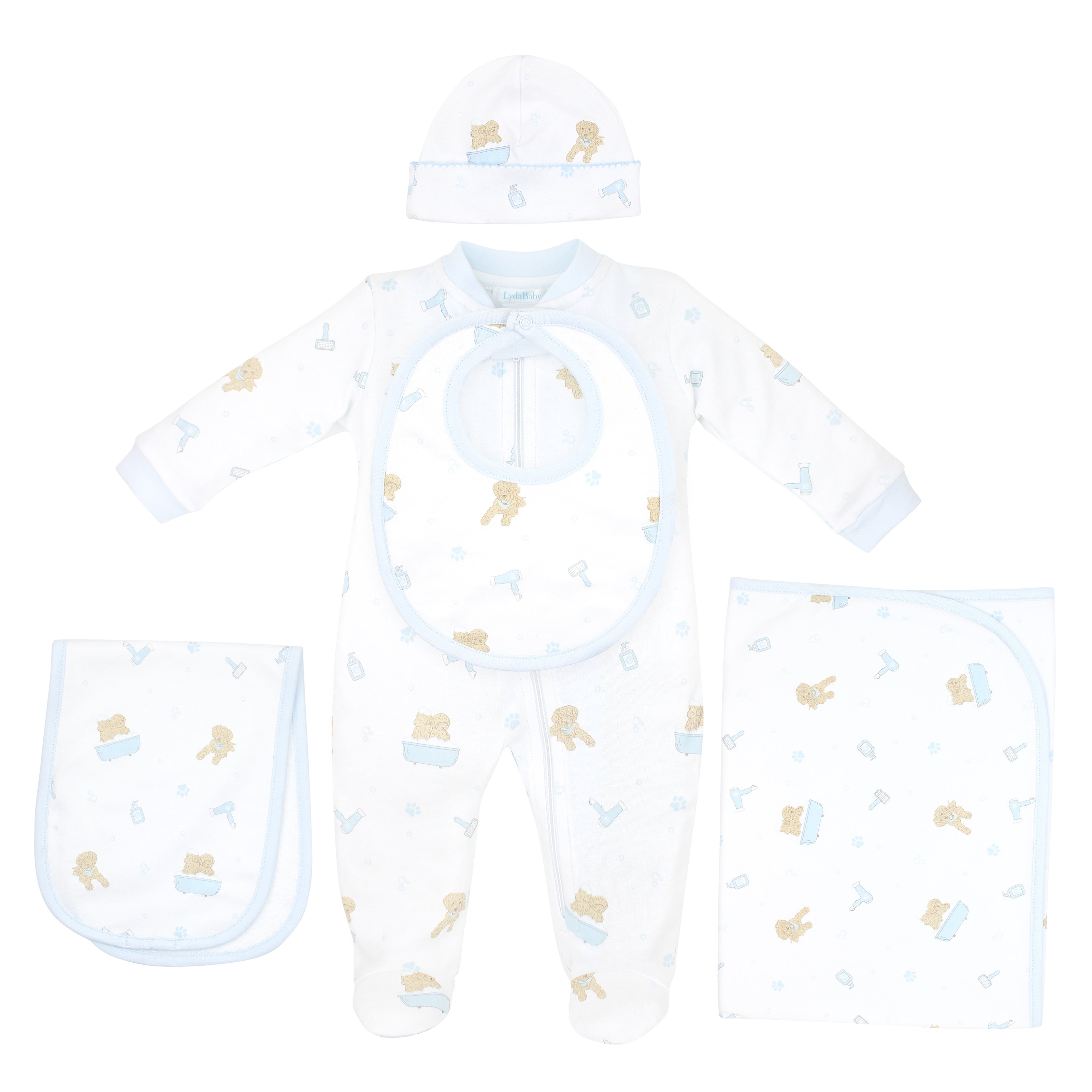 5-piece baby boy layette set in ultra-soft Peruvian Pima cotton with whimsical blue “Pet Spa” animals — perfect for baby showers or bringing baby home in comfort and style.