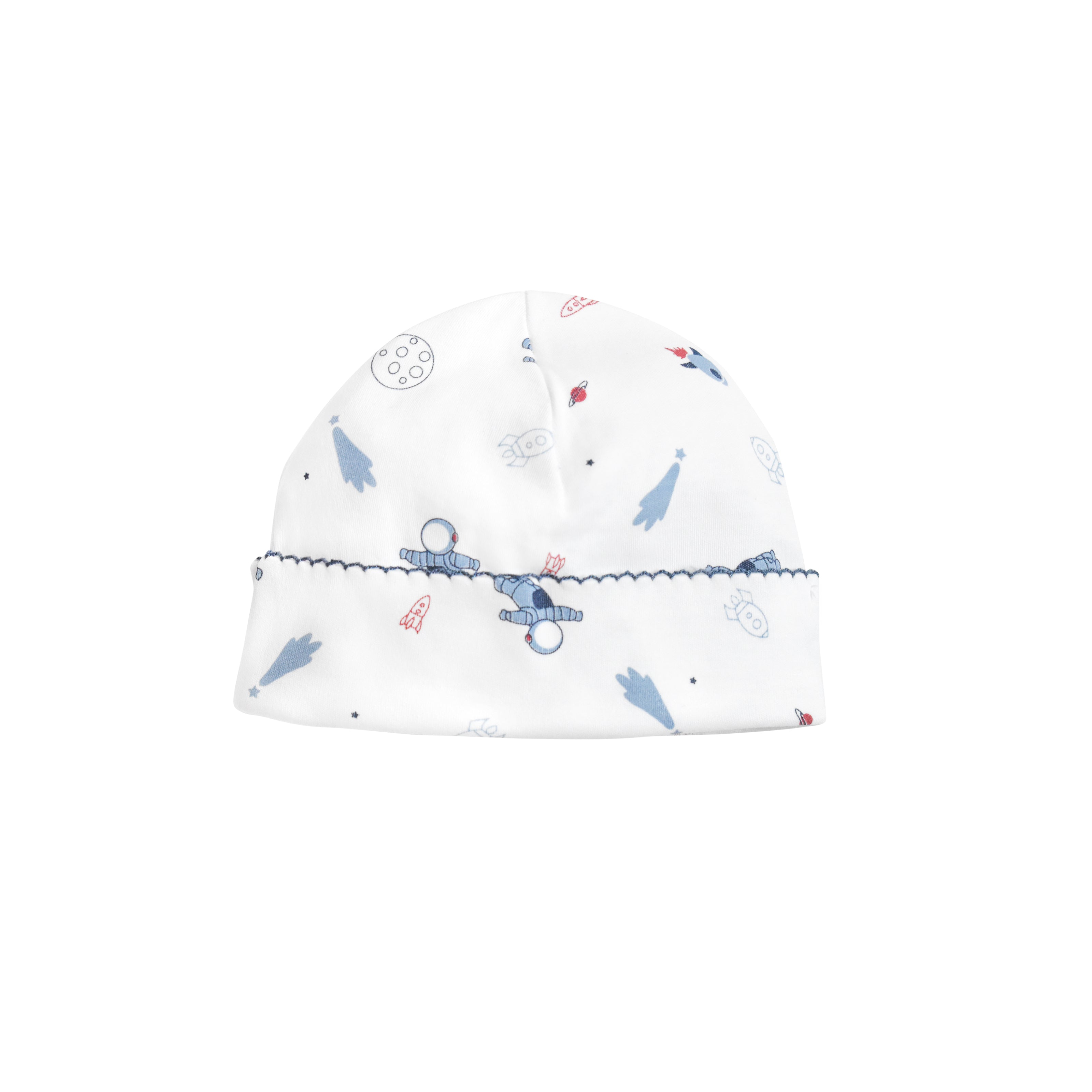  Dreamy baby boy hat with space-themed astronaut print on extra-soft Peruvian Pima cotton — breathable and perfect for curious little explorers.
