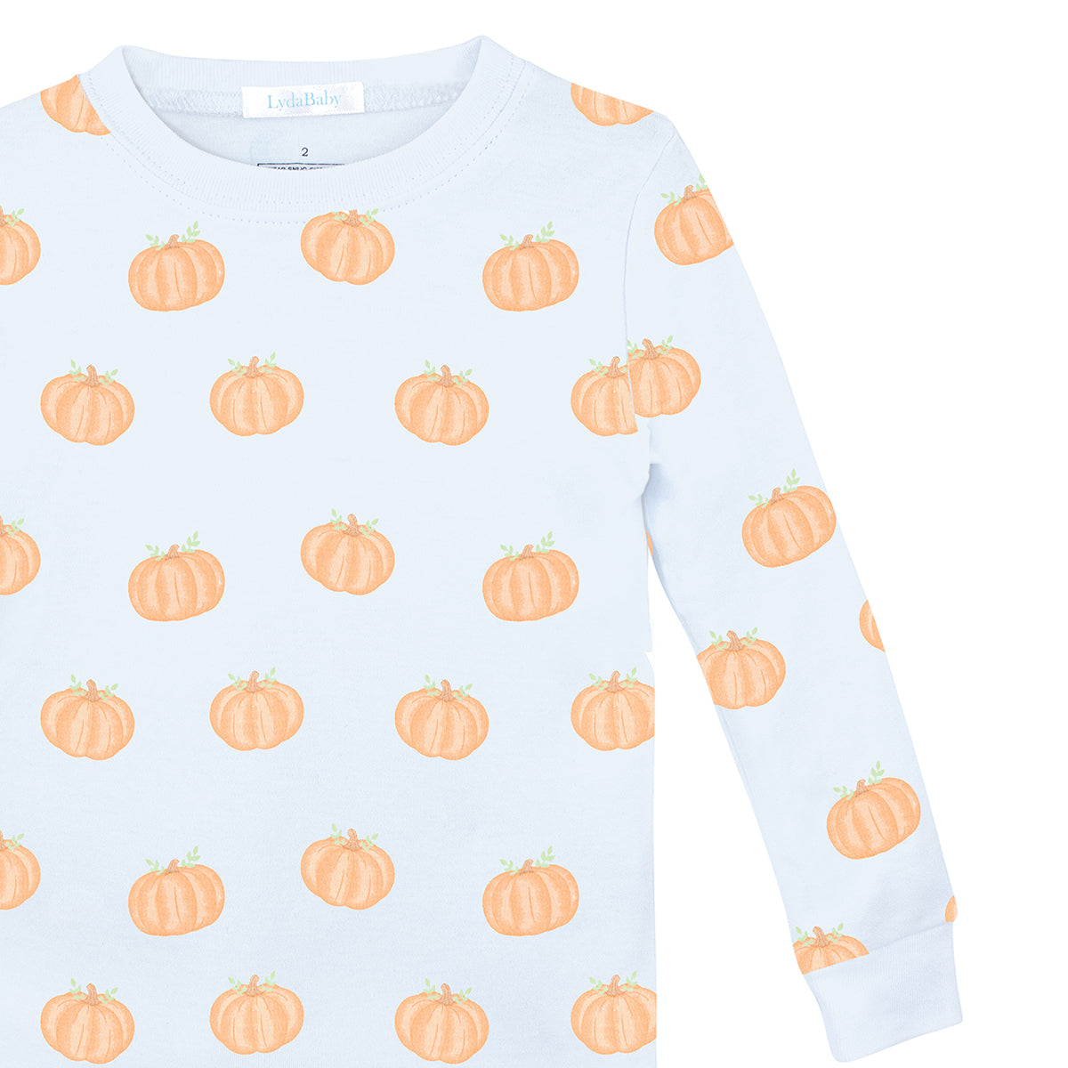 Luxury baby boy two-piece pajama set in light blue Peruvian Pima cotton with playful orange pumpkin print, breathable and cozy for fall.