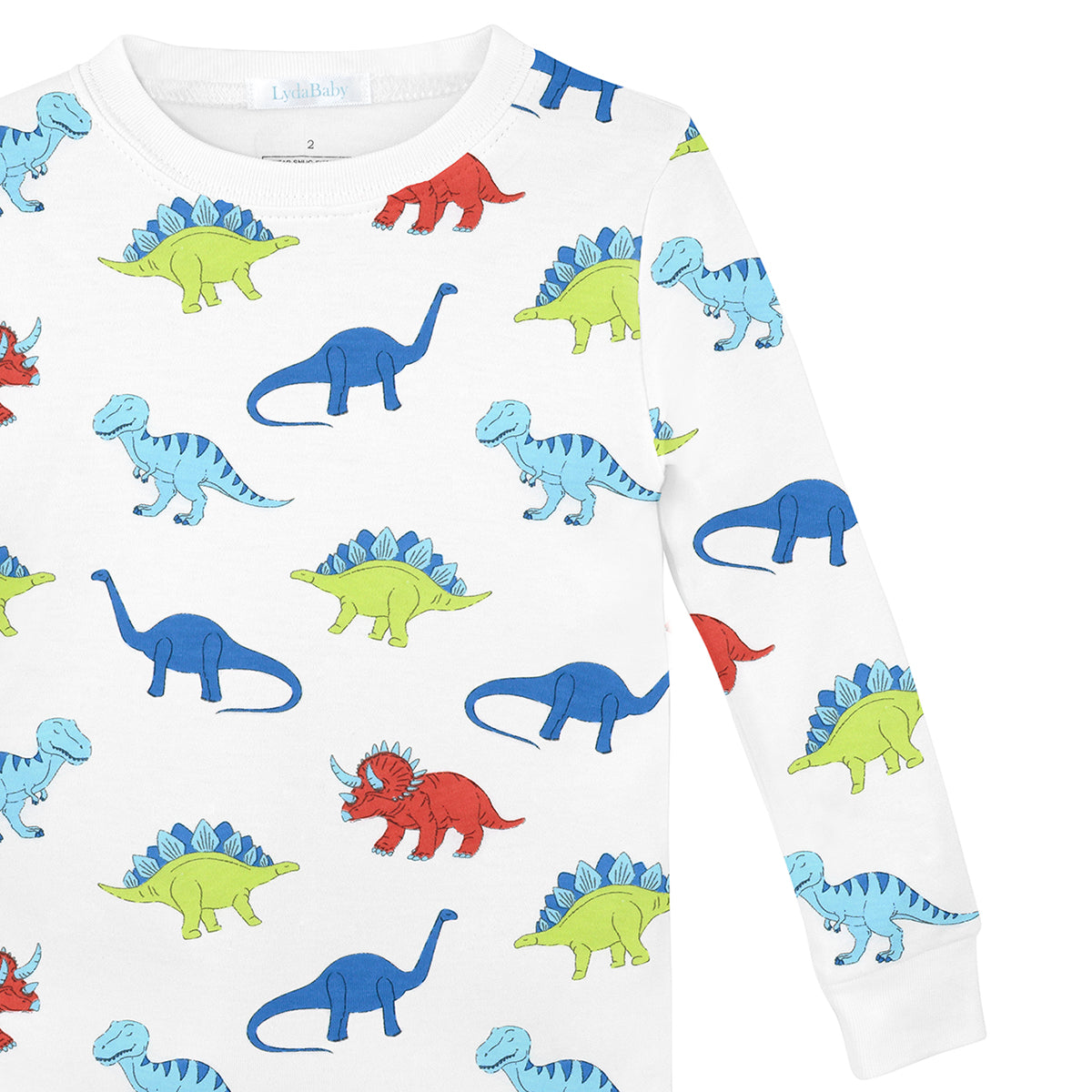 Luxury baby boy pajamas – two-piece Peruvian Pima cotton set with colorful dinosaur prints, soft breathable baby sleepwear for newborns and infants.