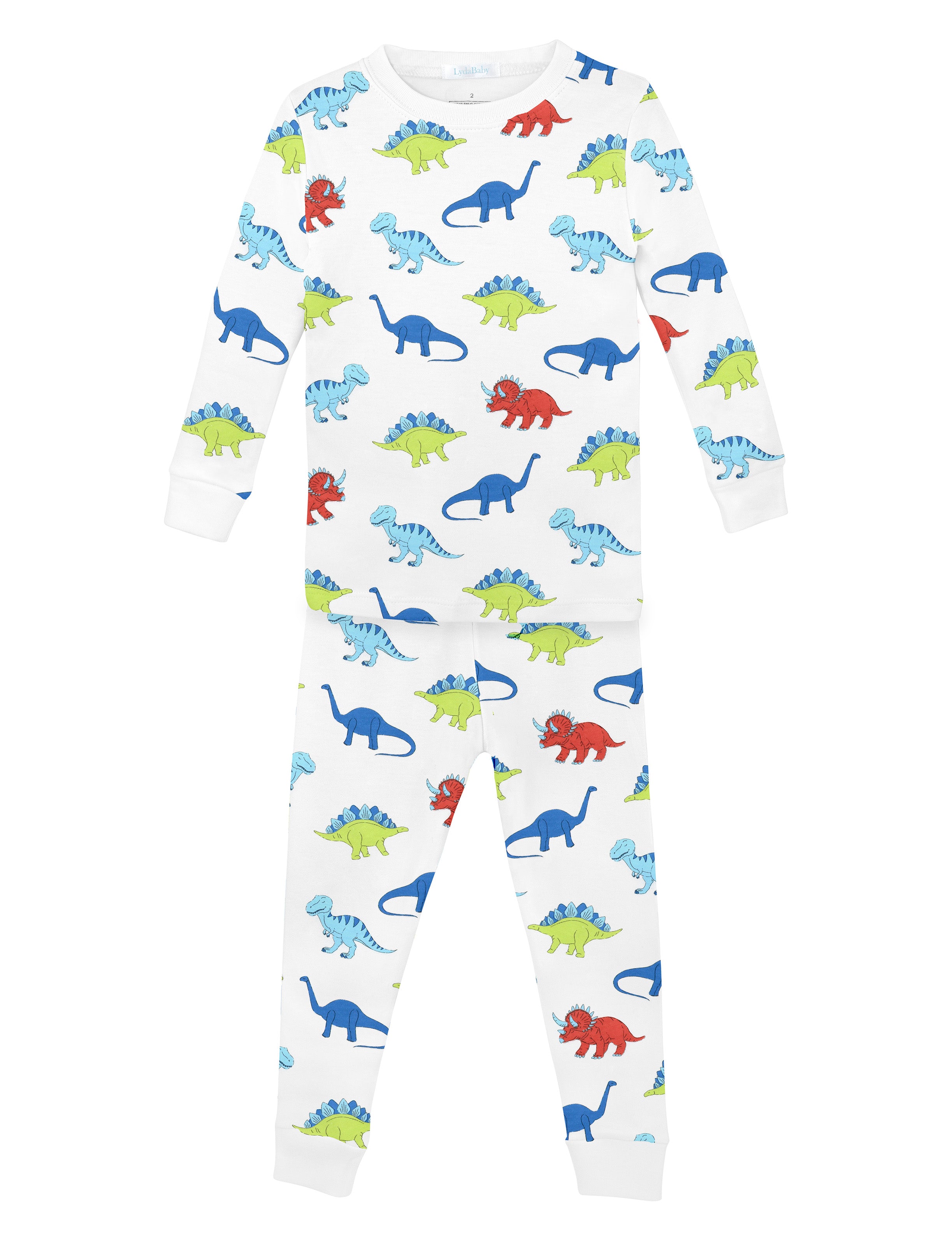 Luxury baby boy pajamas – two-piece Peruvian Pima cotton set with colorful dinosaur prints, soft breathable baby sleepwear for newborns and infants.