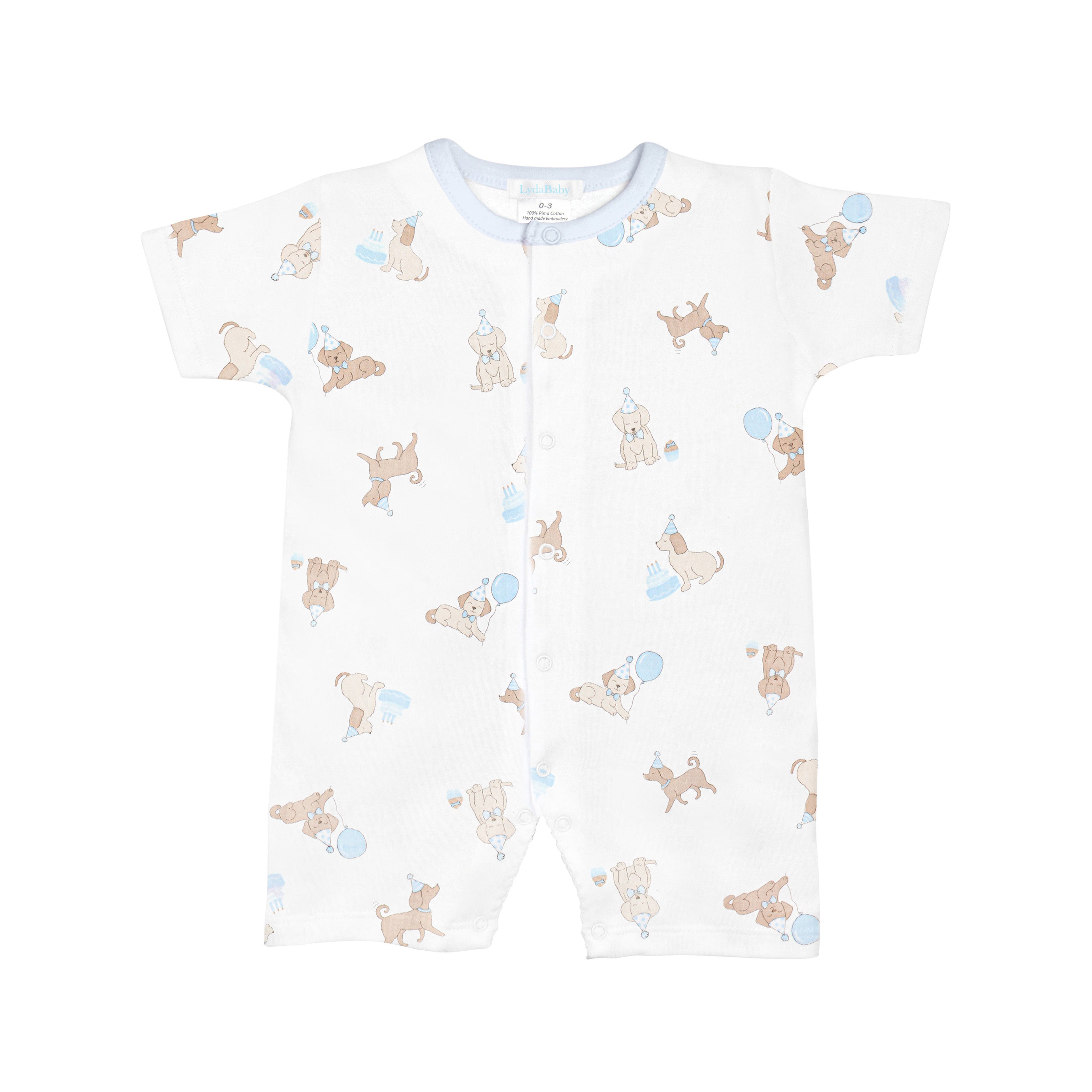 Adorable baby boy romper featuring a dog birthday party theme, made with breathable Peruvian Pima cotton — soft, playful, and cozy.