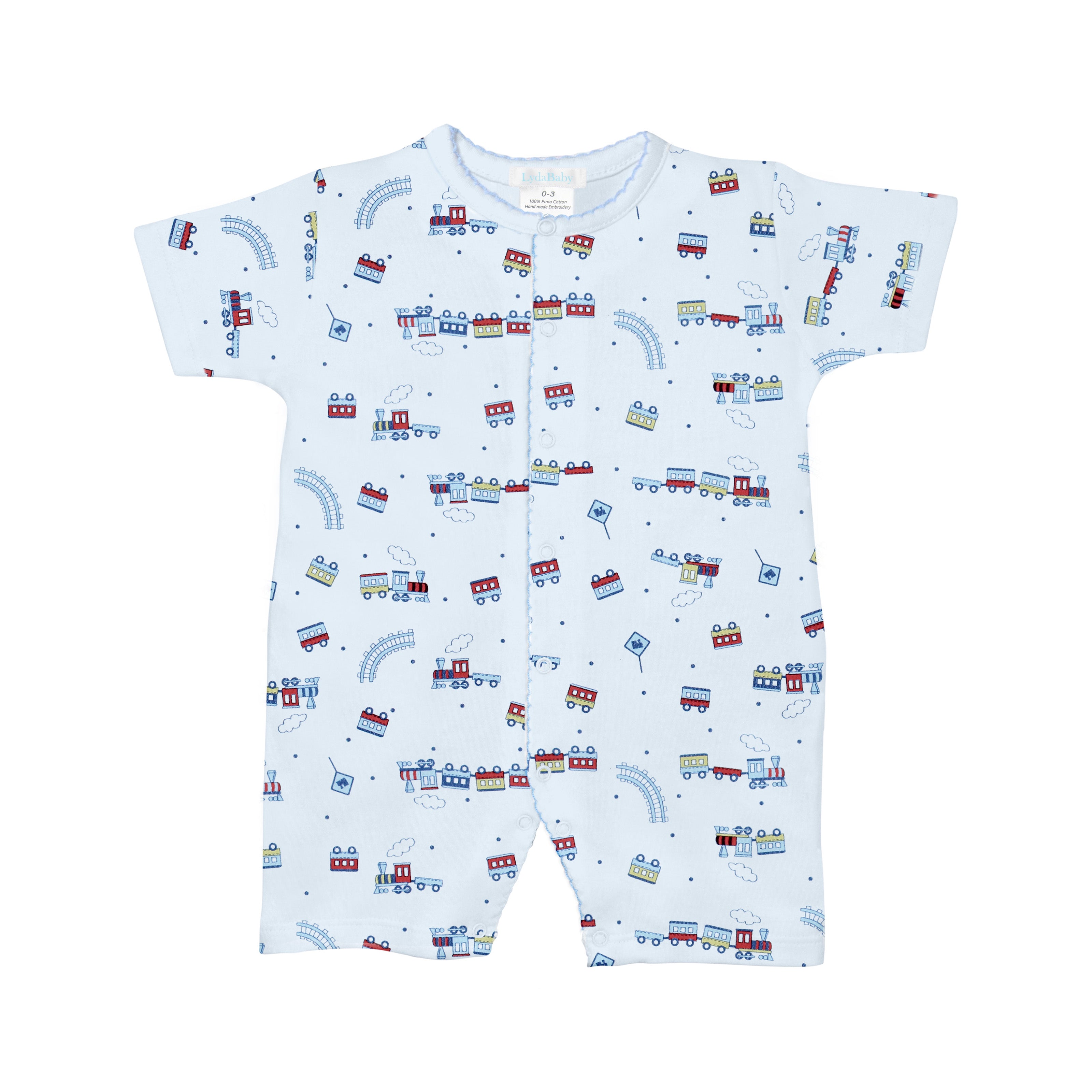  Charming baby boy romper with little train print, made from soft Peruvian Pima cotton — breathable and perfect for summer play.