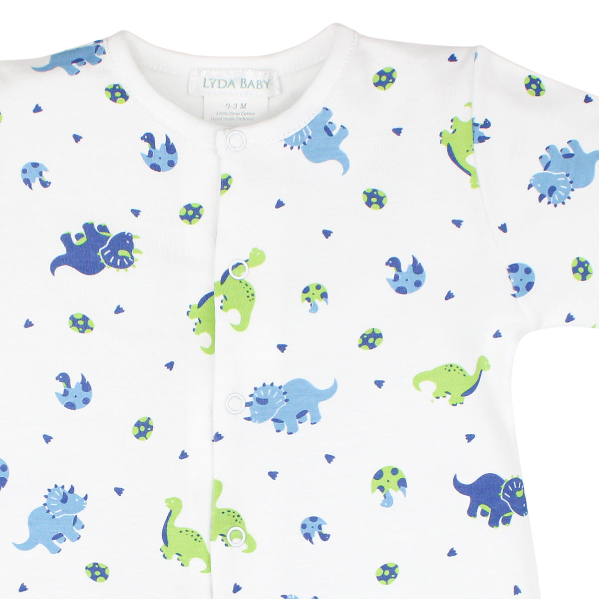Luxury baby boy snap footie in Peruvian Pima cotton with dinosaur print in celeste, blue, and green, hemmed pant legs
