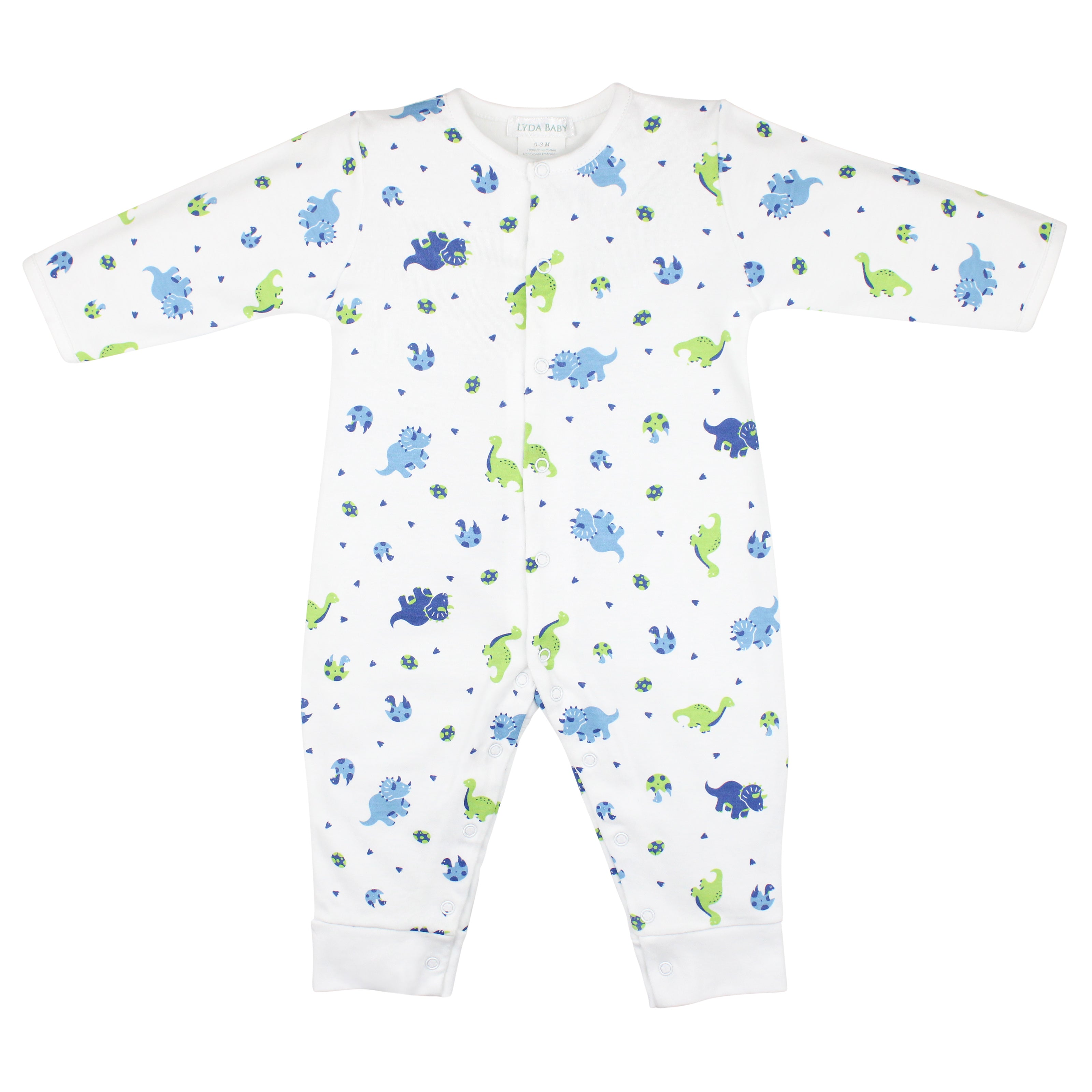 Luxury baby boy snap footie in Peruvian Pima cotton with dinosaur print in celeste, blue, and green, hemmed pant legs