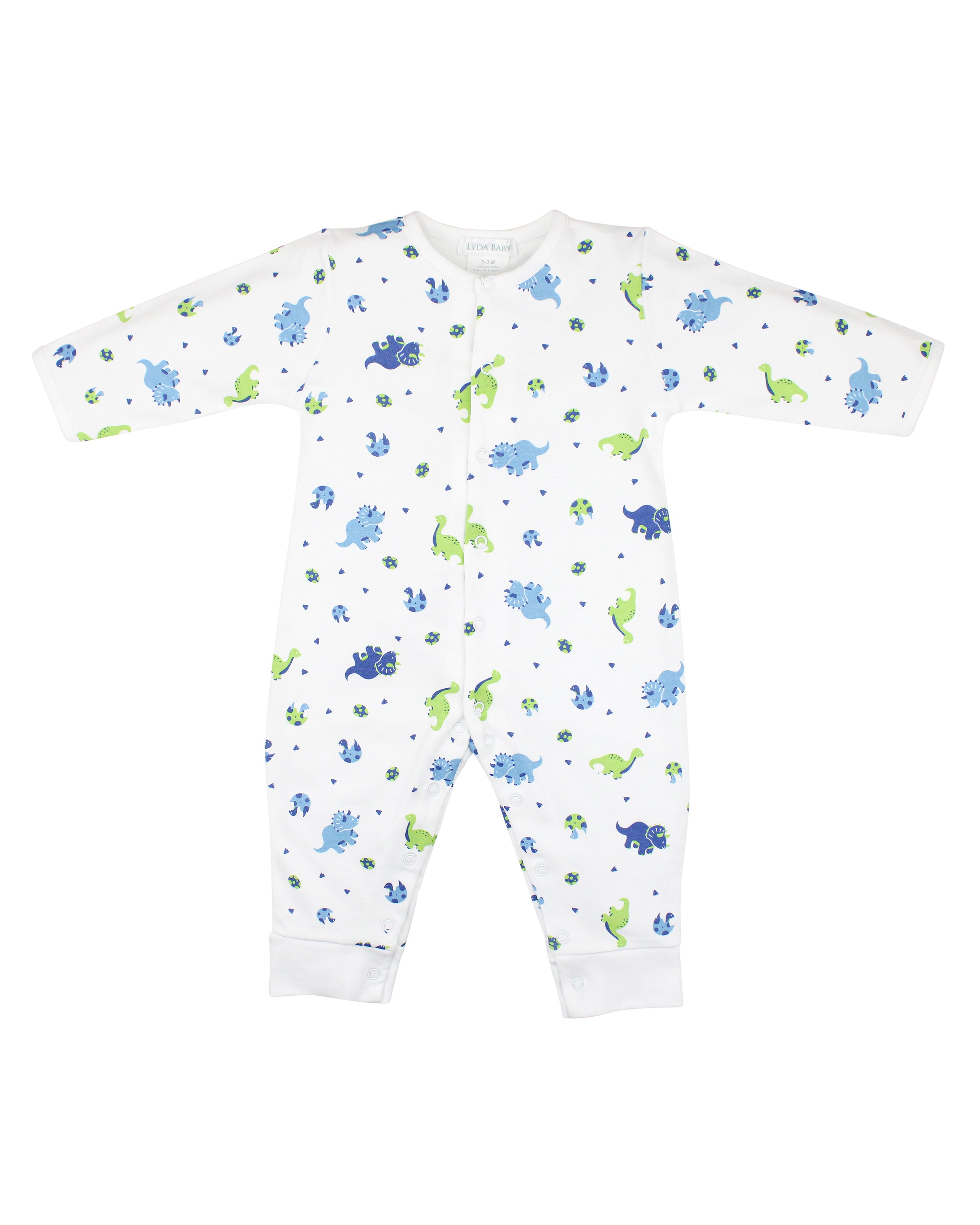 Luxury baby boy snap footie in Peruvian Pima cotton with dinosaur print in celeste, blue, and green, hemmed pant legs