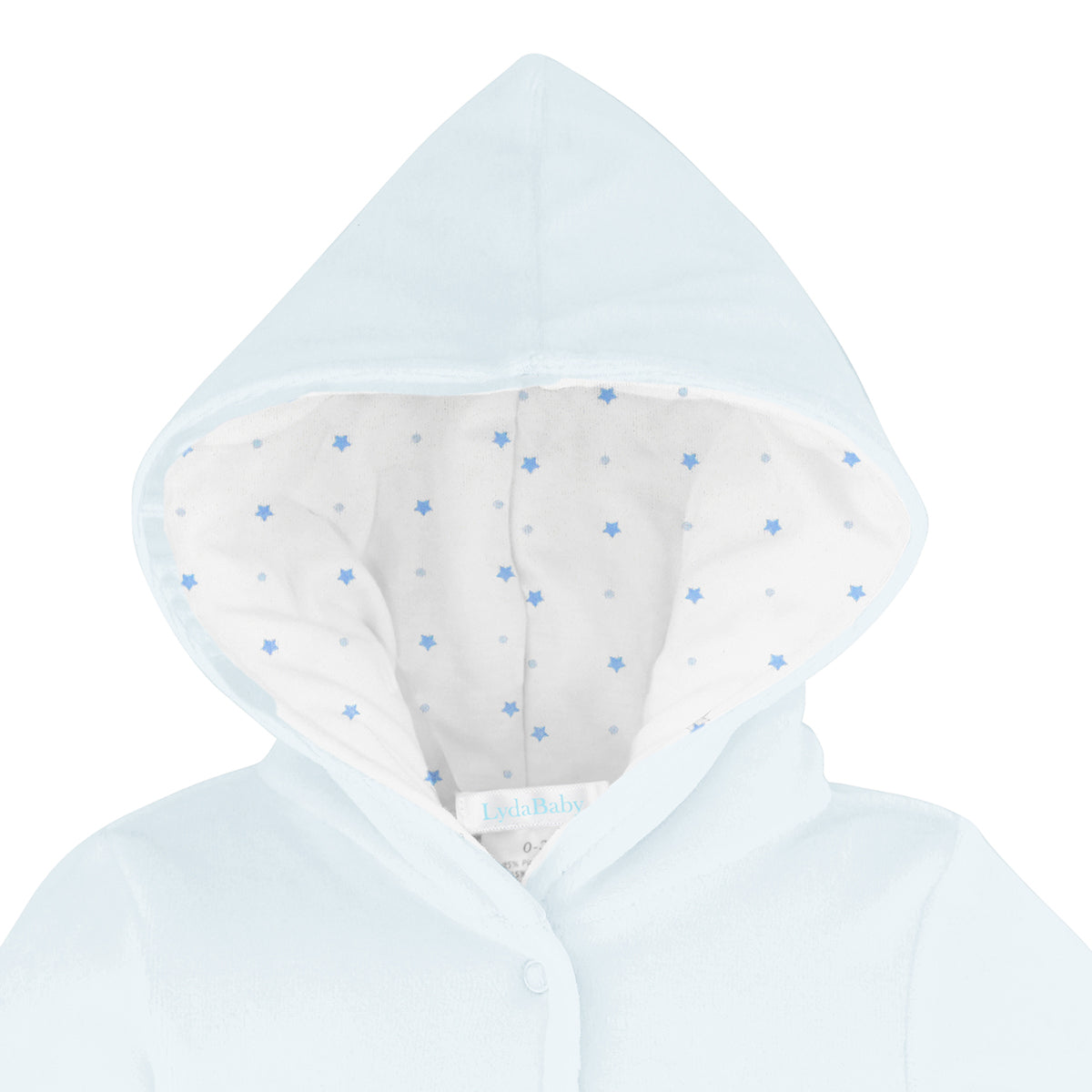 Luxury baby boy velour jacket in soft blue with double lining, featuring a starry white cotton interior and cozy hood.