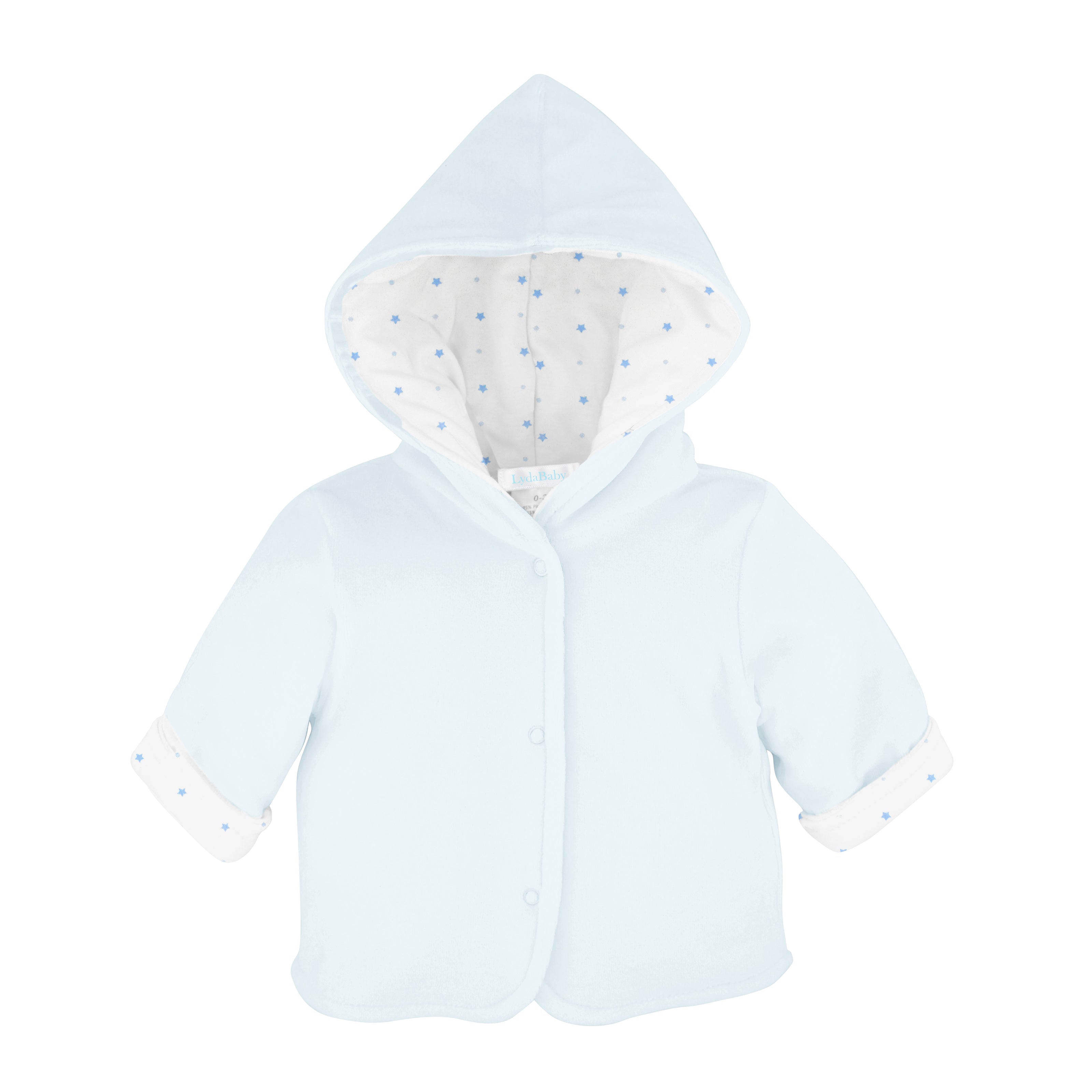 Luxury baby boy velour jacket in soft blue with double lining, featuring a starry white cotton interior and cozy hood.