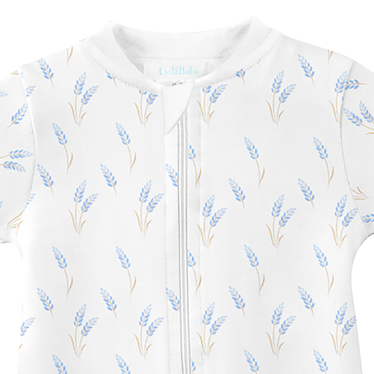 Luxury baby boy zipper footie in Peruvian Pima cotton with mandarin collar and blue wheat spike print