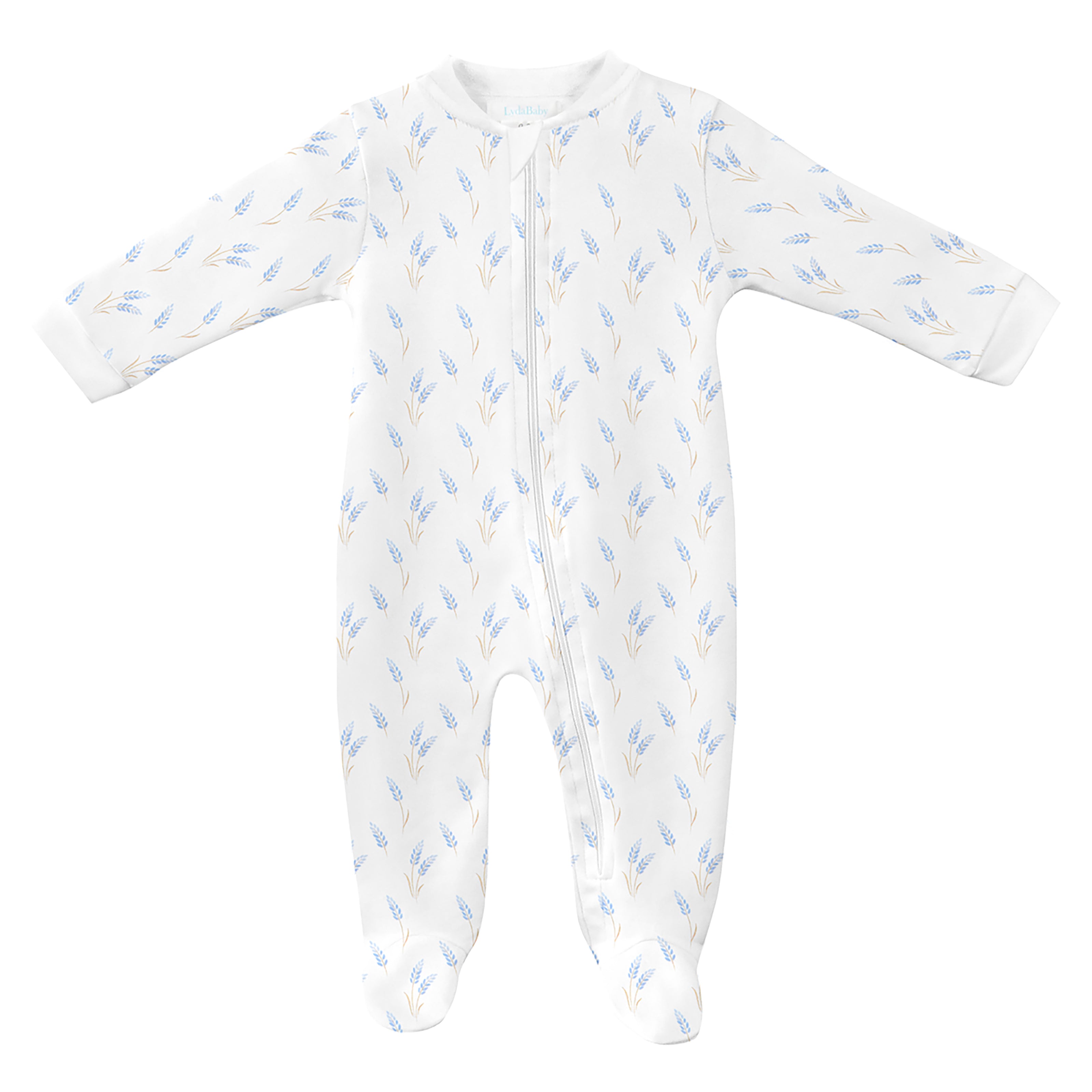 Luxury baby boy zipper footie in Peruvian Pima cotton with mandarin collar and blue wheat spike print