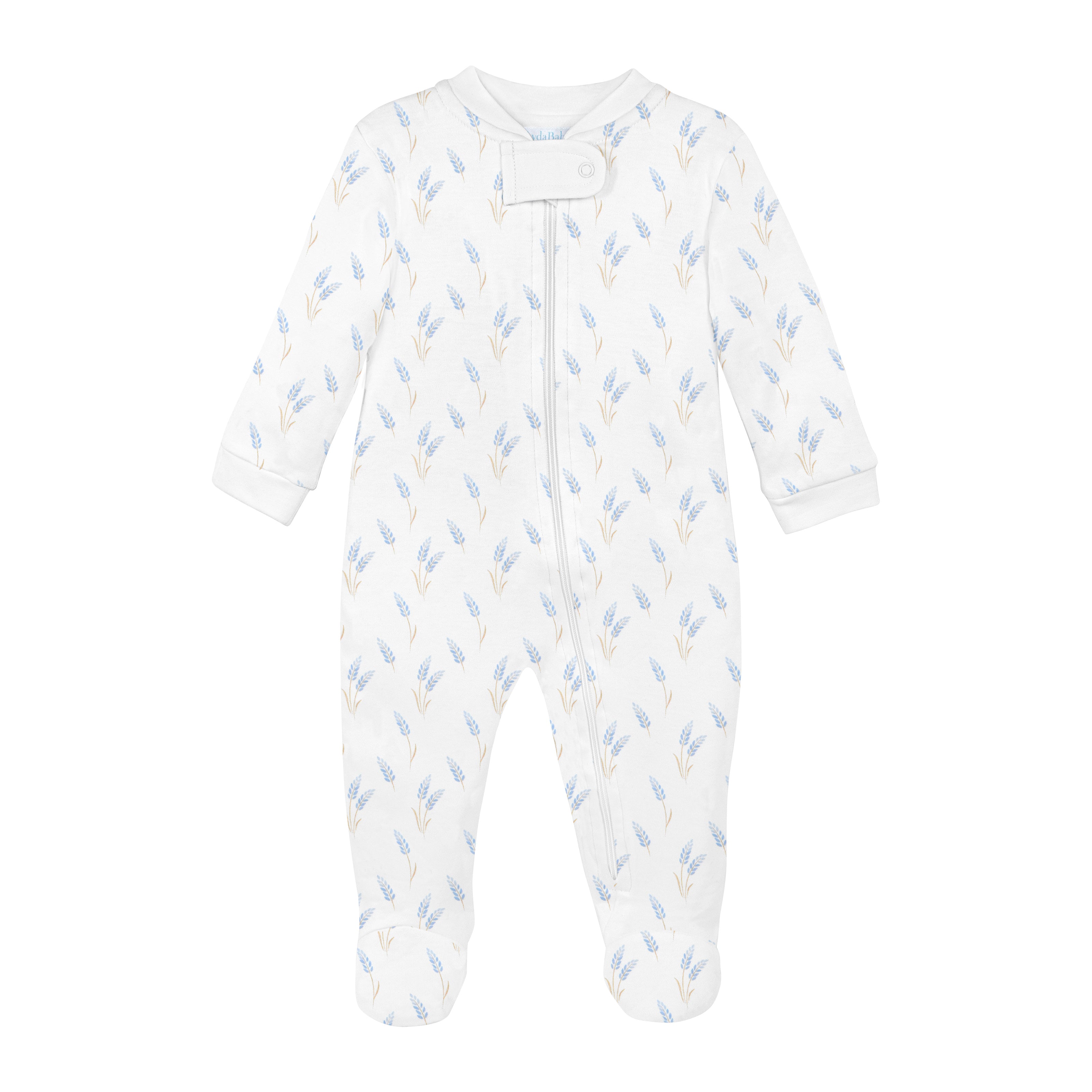 Luxury baby boy zipper footie in Peruvian Pima cotton with mandarin collar and blue wheat spike print