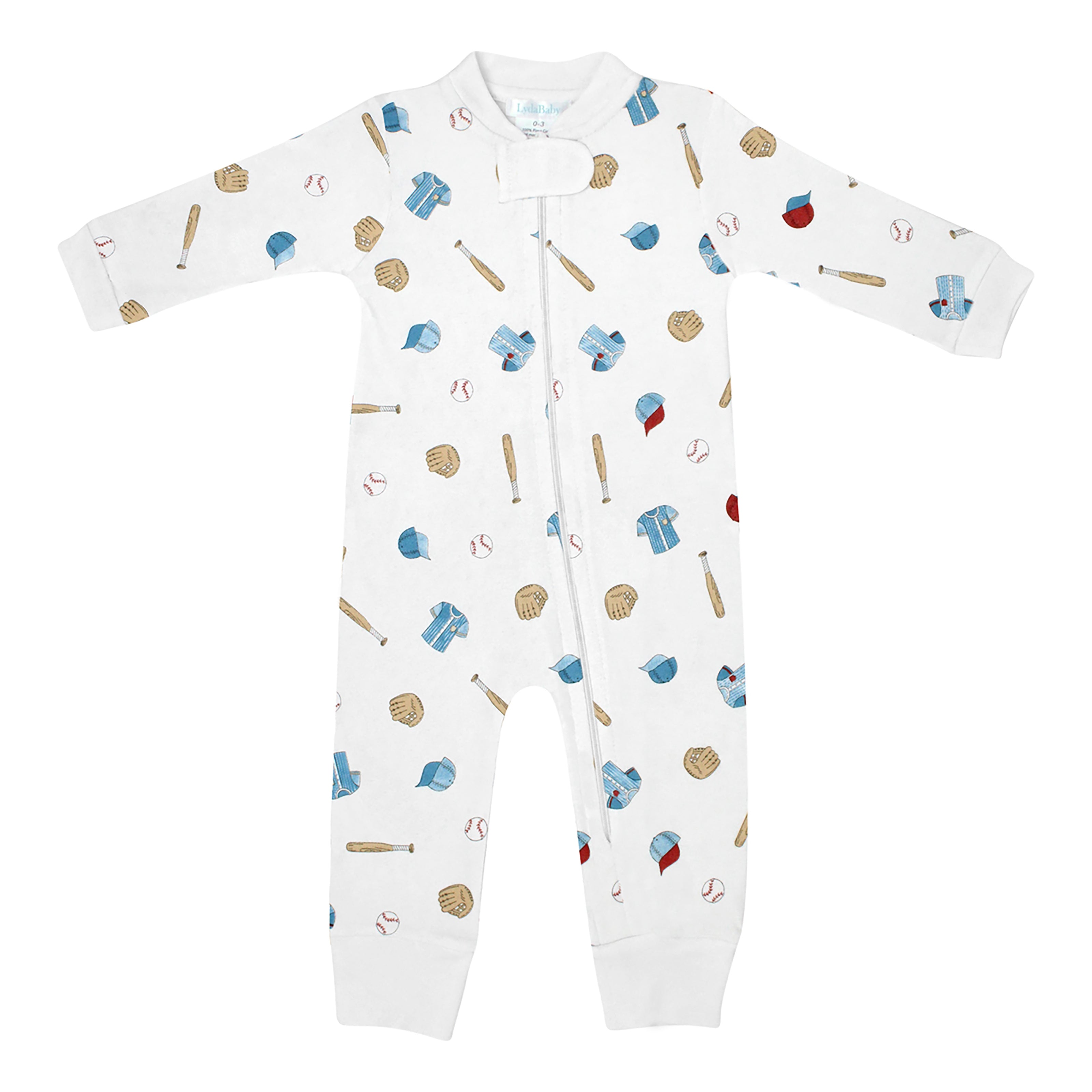  Classic baby boy zipper printed with baseball motifs on premium Peruvian Pima cotton — breathable, soft, and cozy for delicate skin.
