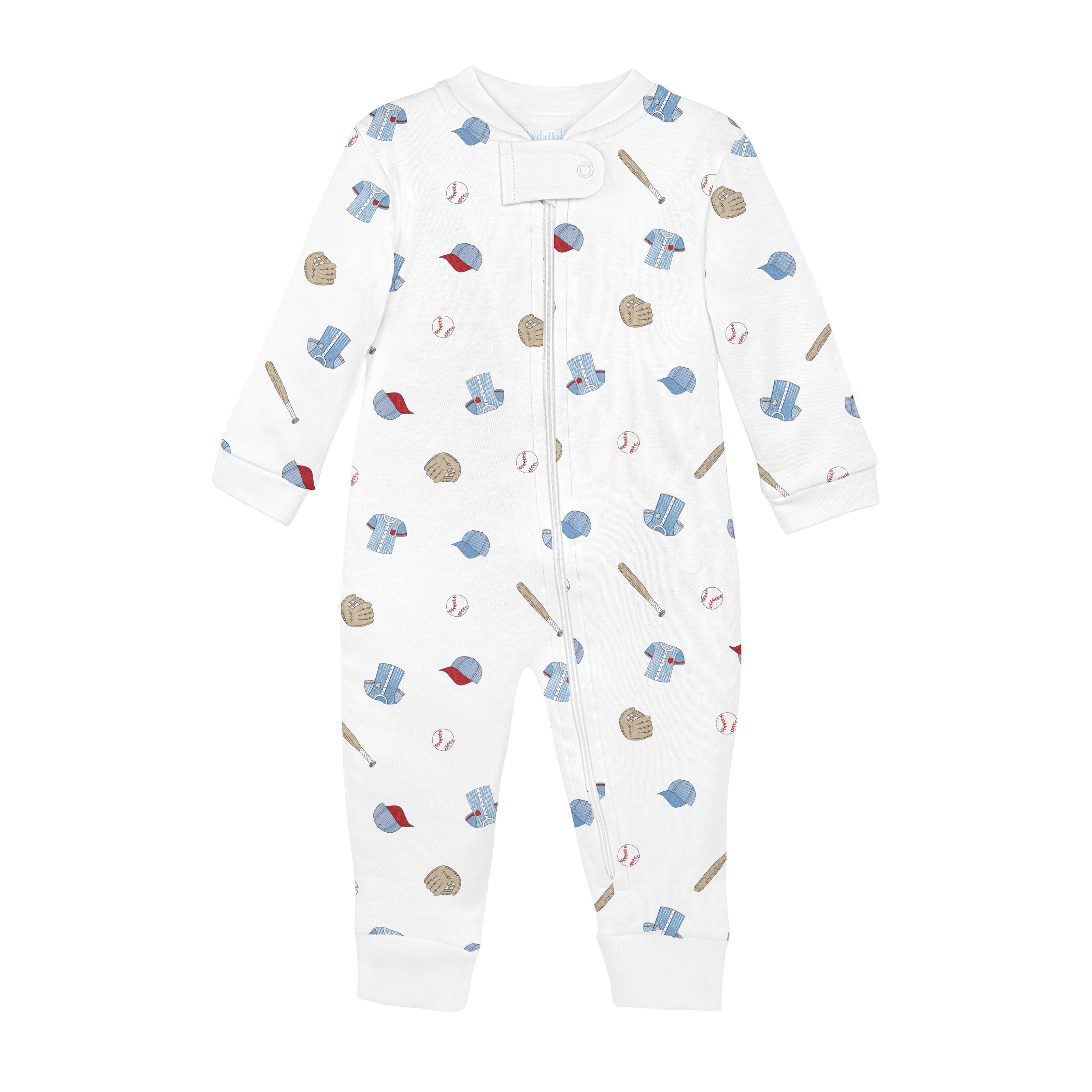  Classic baby boy zipper printed with baseball motifs on premium Peruvian Pima cotton — breathable, soft, and cozy for delicate skin.
