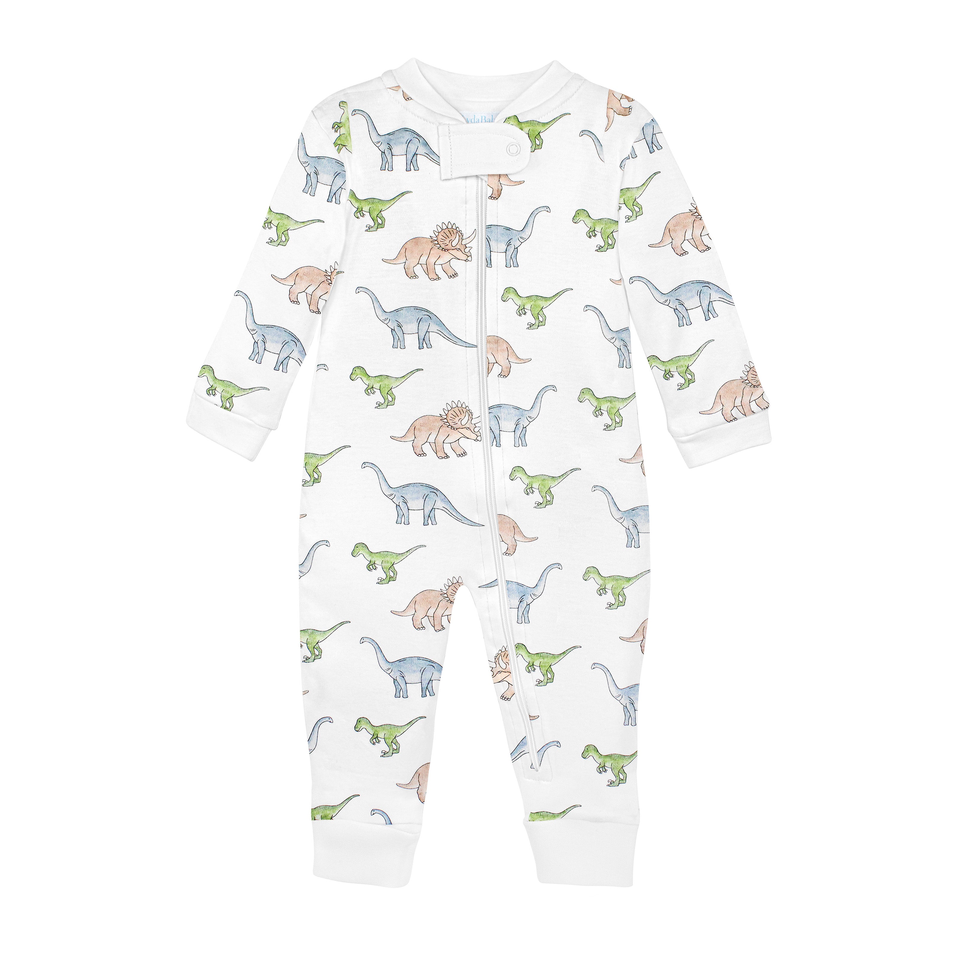 Fun baby boy zipper printed with big dinosaurs on soft Peruvian Pima cotton — breathable, cozy, and perfect for sensitive skin.