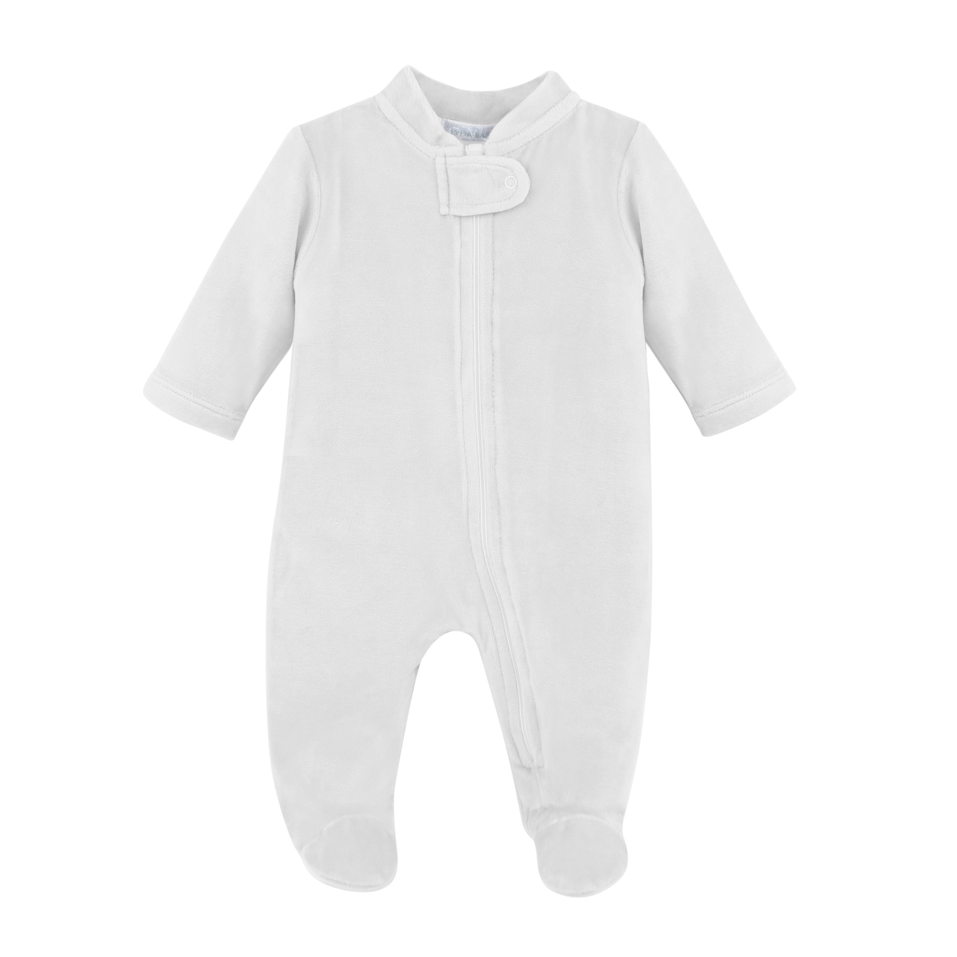 Unisex luxury baby velour footie with front zipper, crafted from Peruvian Pima cotton blend for ultimate softness and comfort