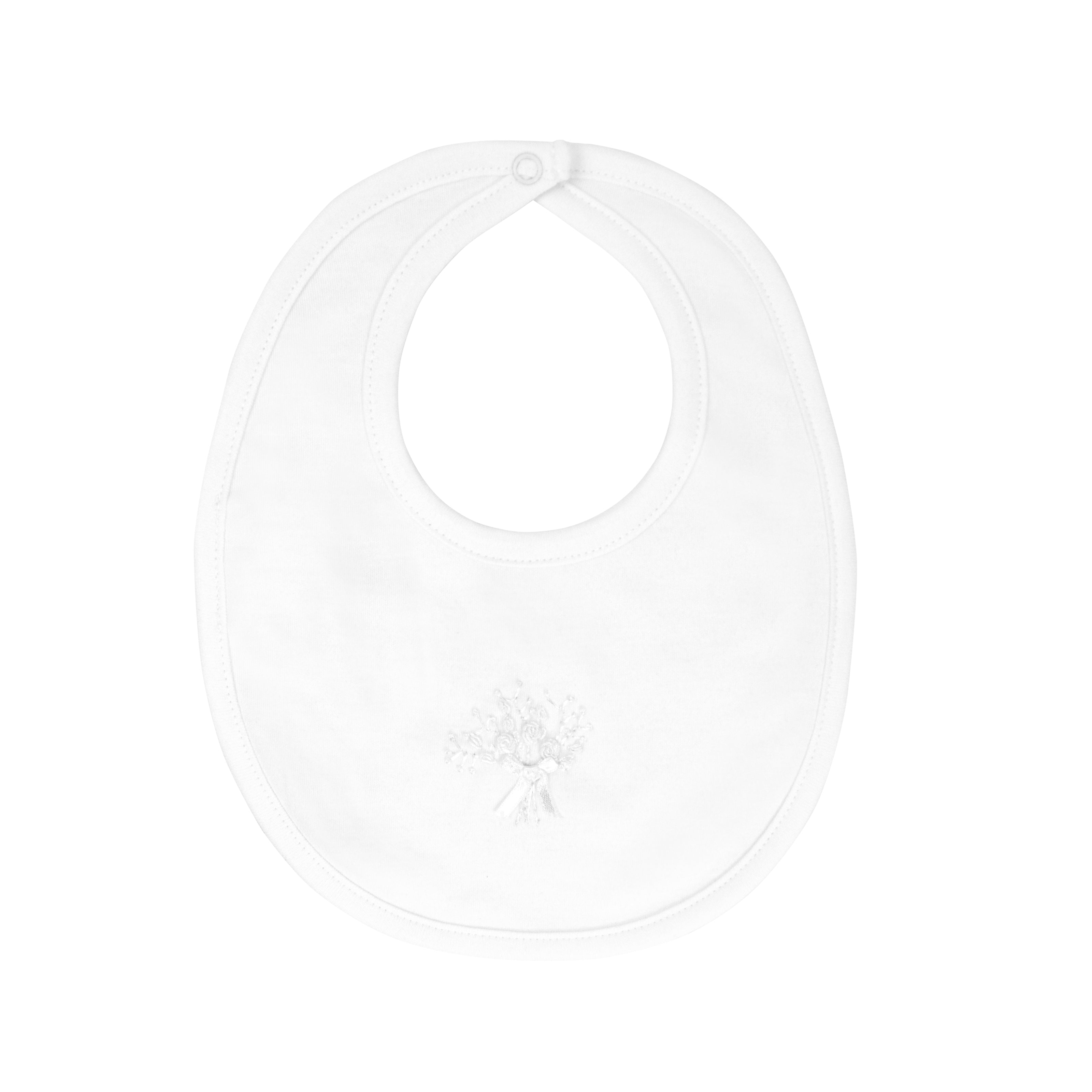  Sophisticated baby girl bib hand-embroidered with beautiful roses bouquet on premium Peruvian Pima cotton — soft, breathable, and artisan-made.