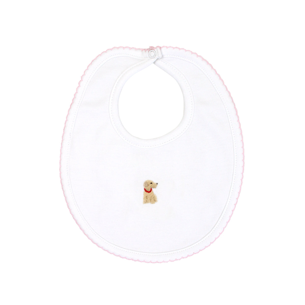  Adorable baby girl bib hand-embroidered with cute pets on soft Peruvian Pima cotton — crafted by skilled artisans for gentle wear.
