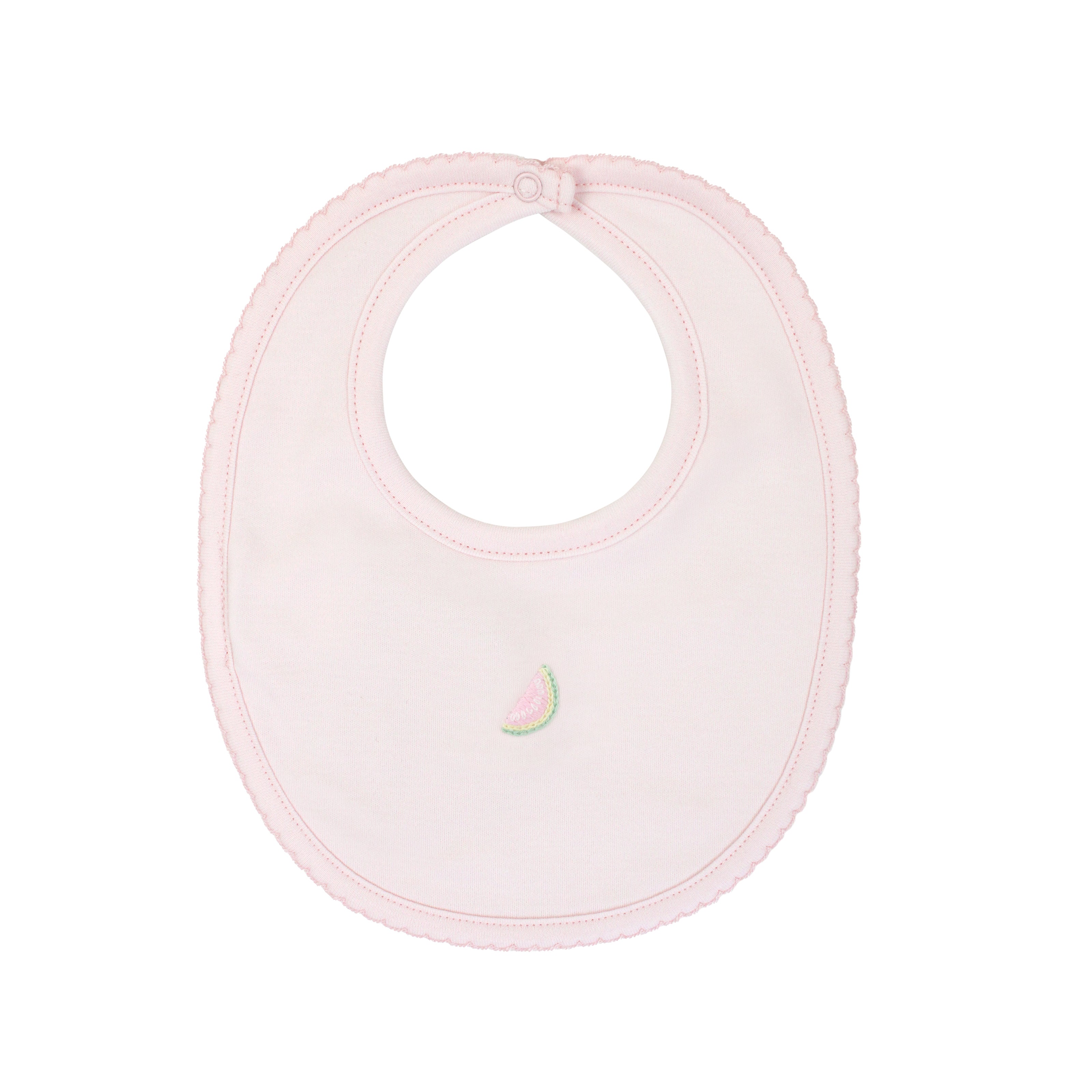  Fresh baby girl bib hand-embroidered with summer fruits on soft Peruvian Pima cotton — crafted for softness and gentle comfort.

