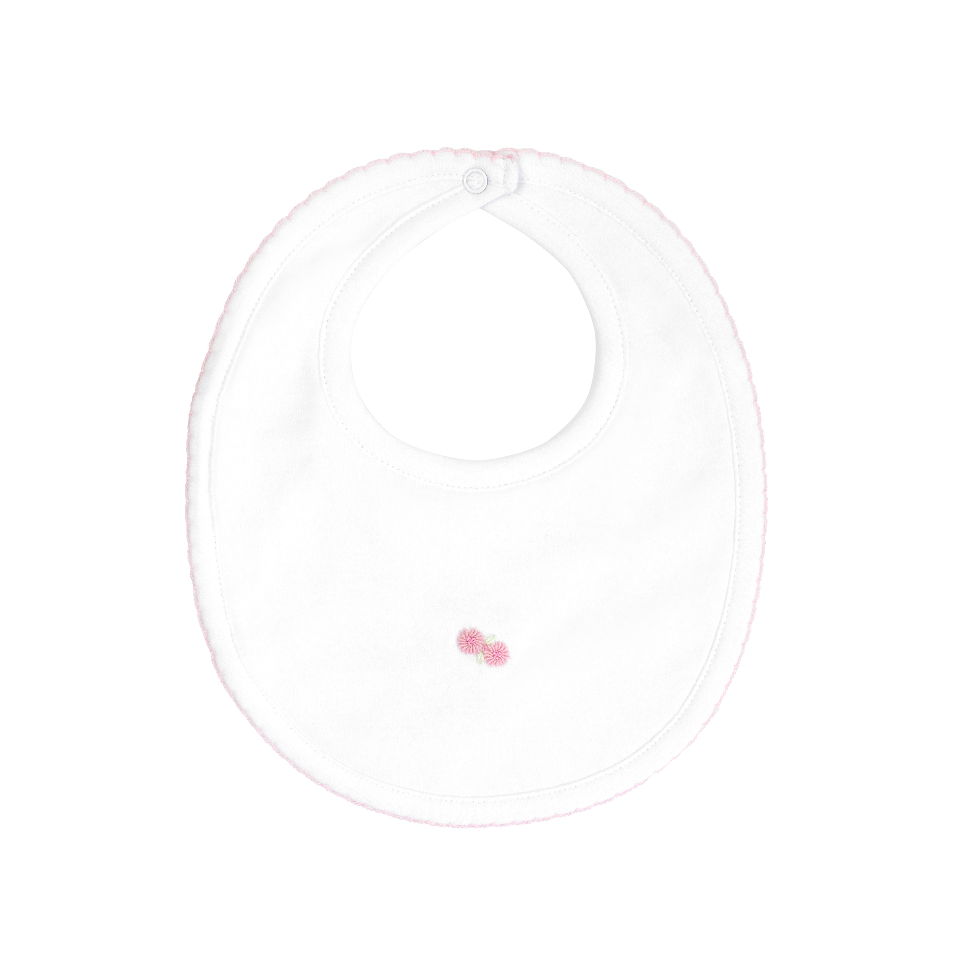  Delicate baby girl bib hand-embroidered with Summer of Love 2 design on premium Peruvian Pima cotton — artisan quality for soft, gentle wear.
