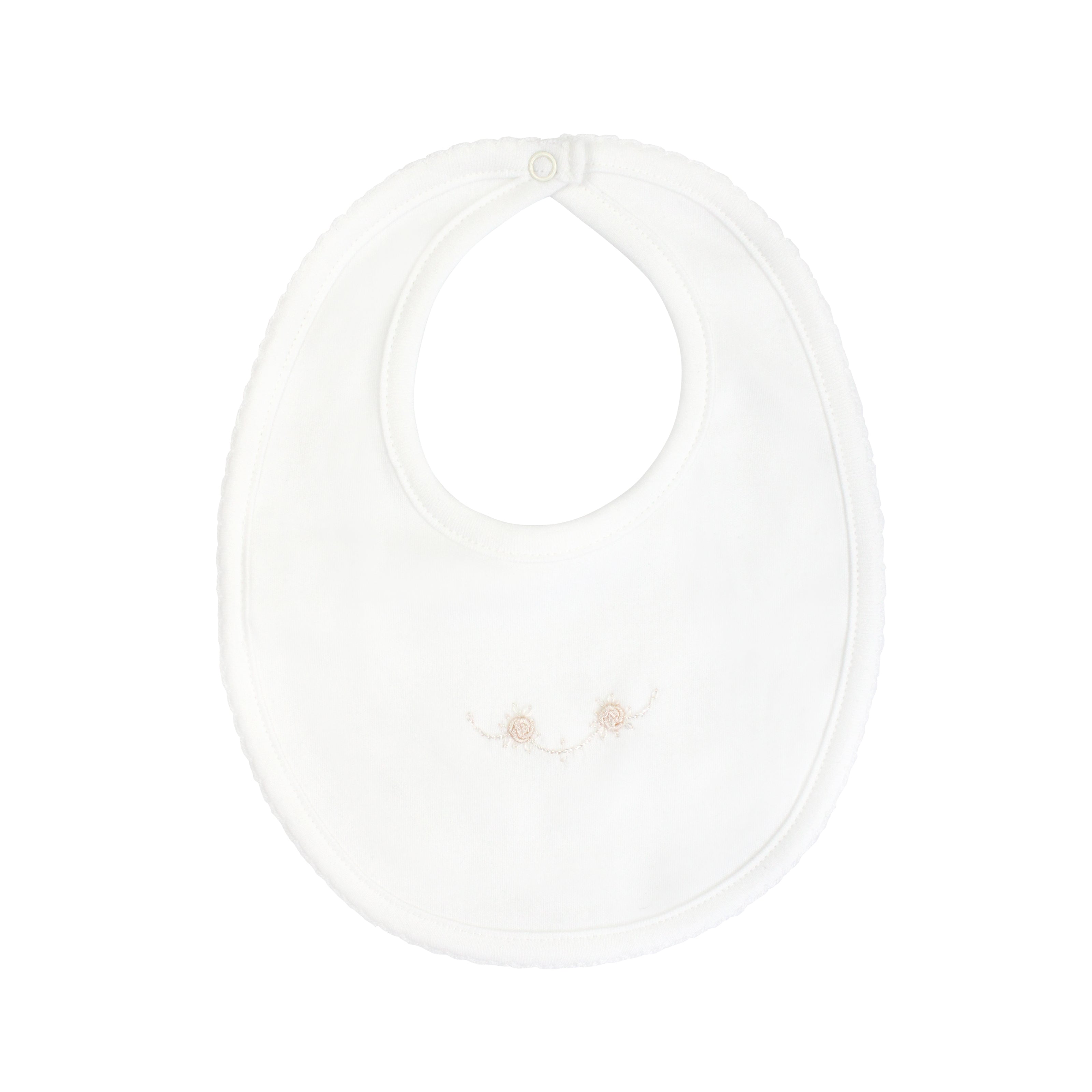  Charming baby girl bib hand-embroidered with sweet flowers on soft Peruvian Pima cotton — handcrafted for delicate, gentle wear.
