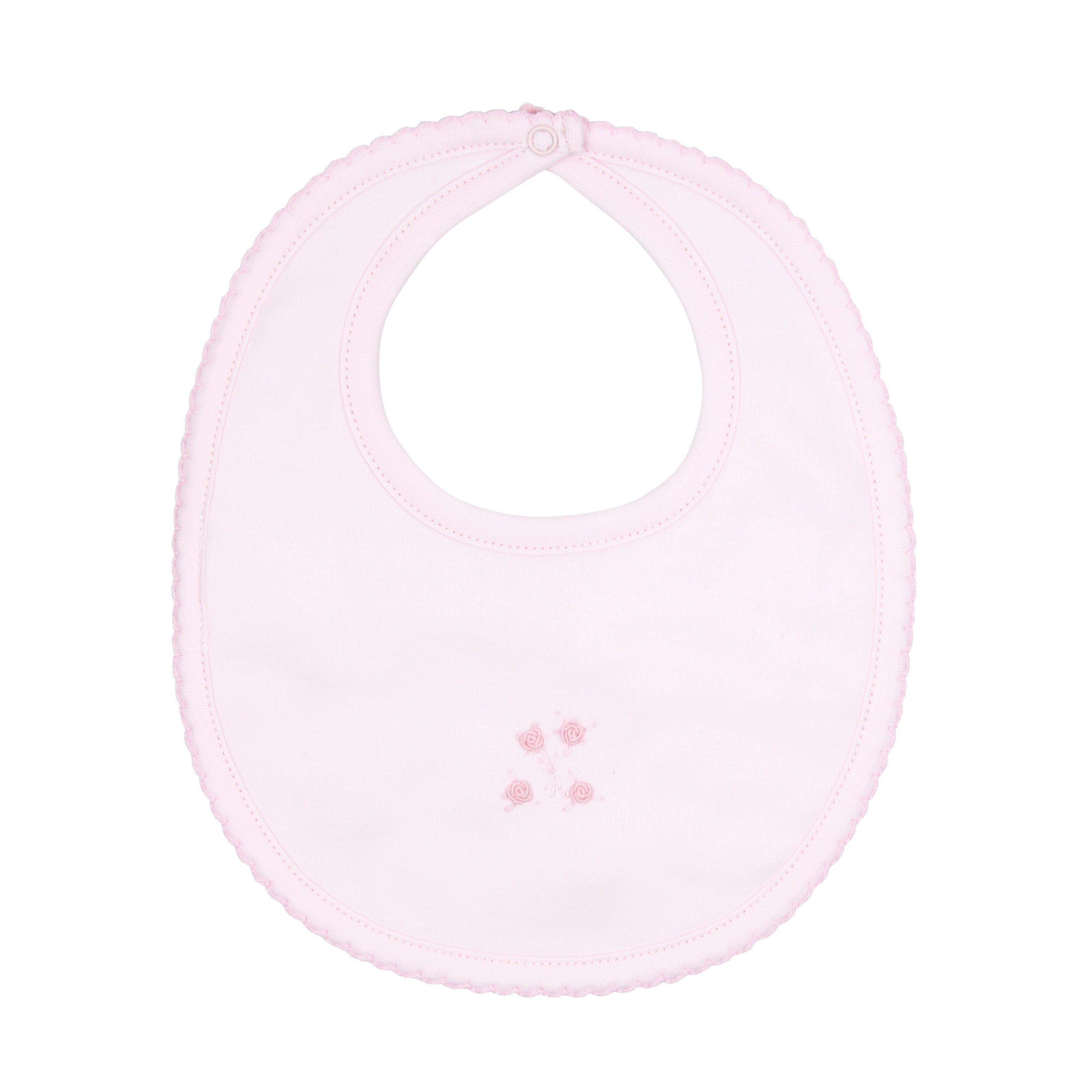  Delicate baby girl bib hand-embroidered with sweet roses in pink on premium Peruvian Pima cotton — soft, breathable, and artisan-made.
