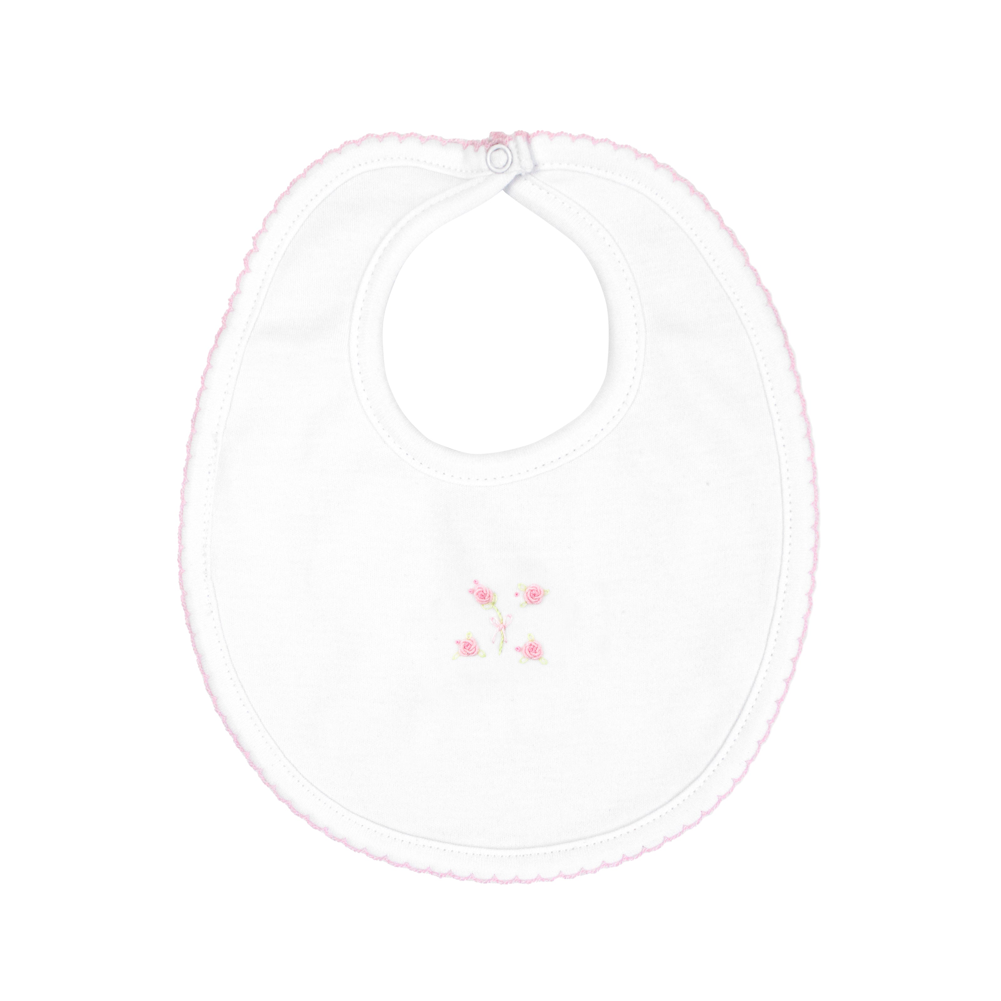  Lovely baby girl bib hand-embroidered with sweet roses on soft Peruvian Pima cotton — crafted by skilled Peruvian artisans for gentle skin.
