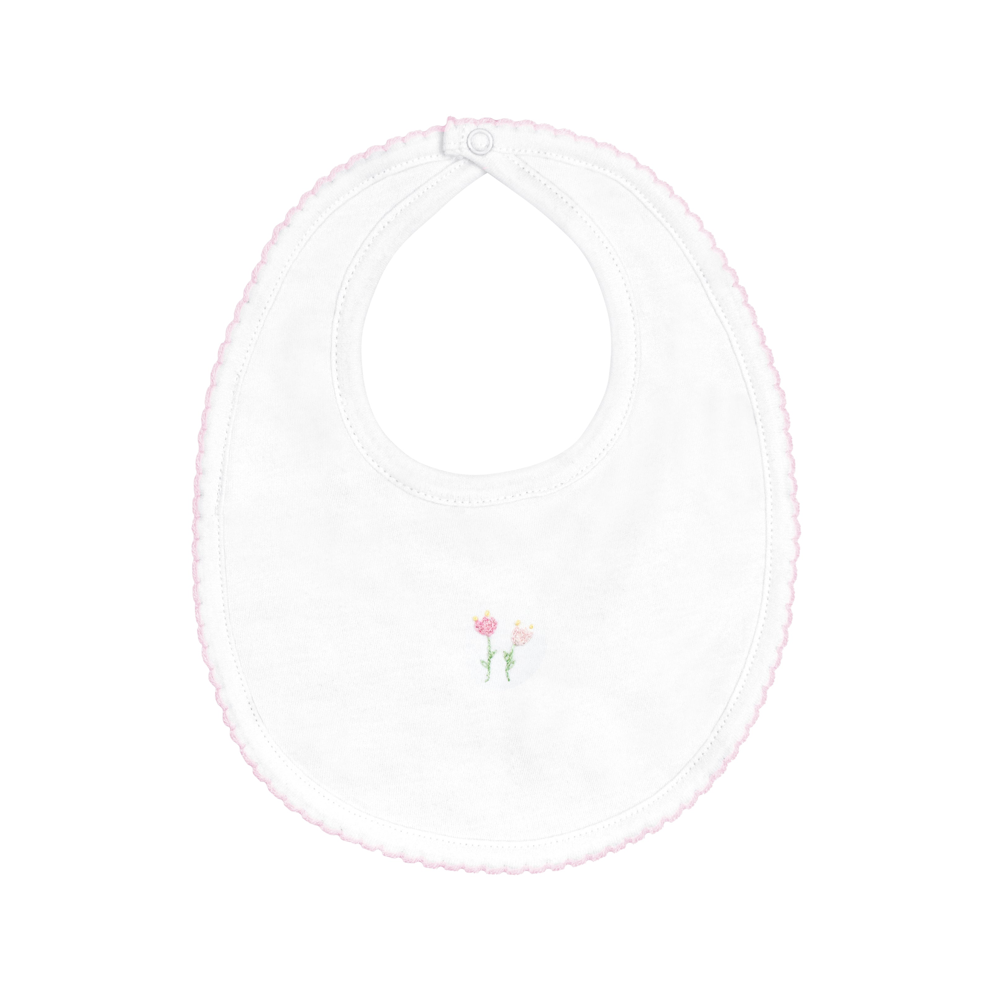  Delicate baby girl bib hand-embroidered with tulip flowers design on premium Peruvian Pima cotton — artisan quality for softness and comfort.
