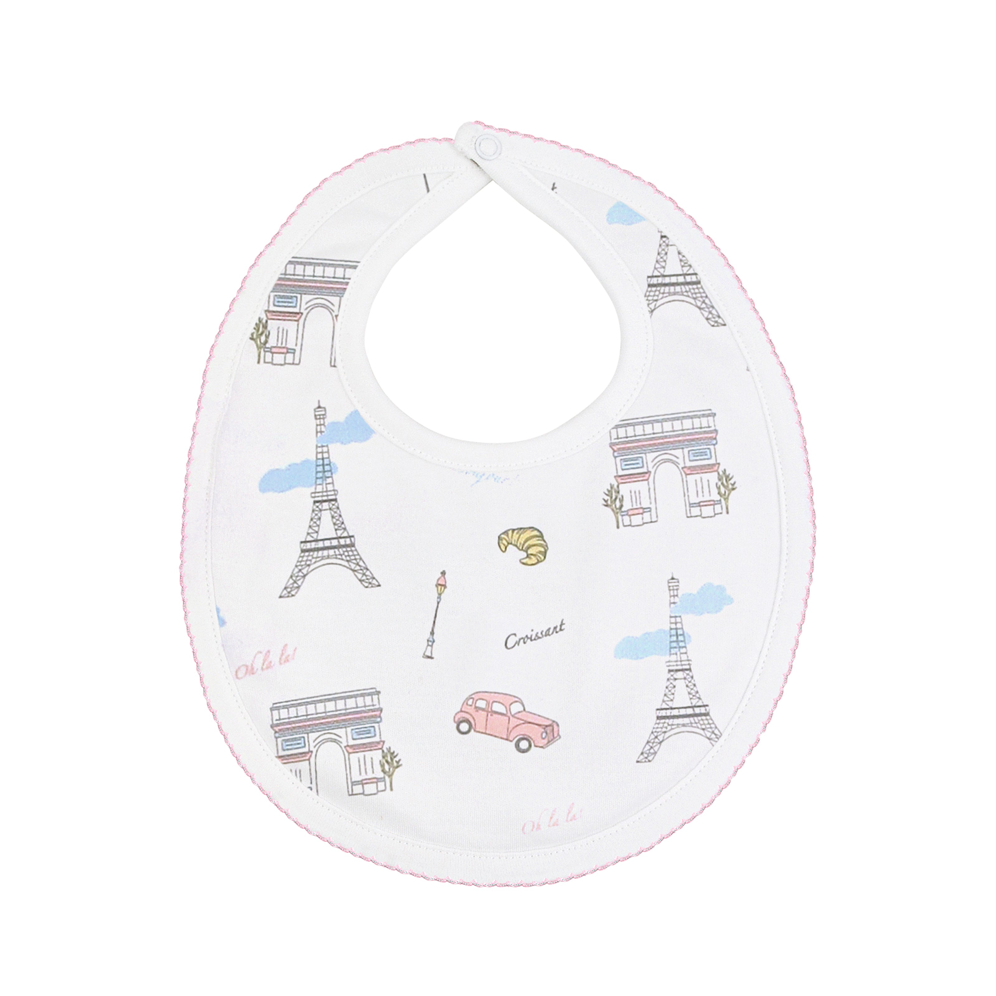  Chic baby girl bib with elegant Always Paris print, crafted from soft, breathable Peruvian Pima cotton — gentle and perfect for delicate baby skin.