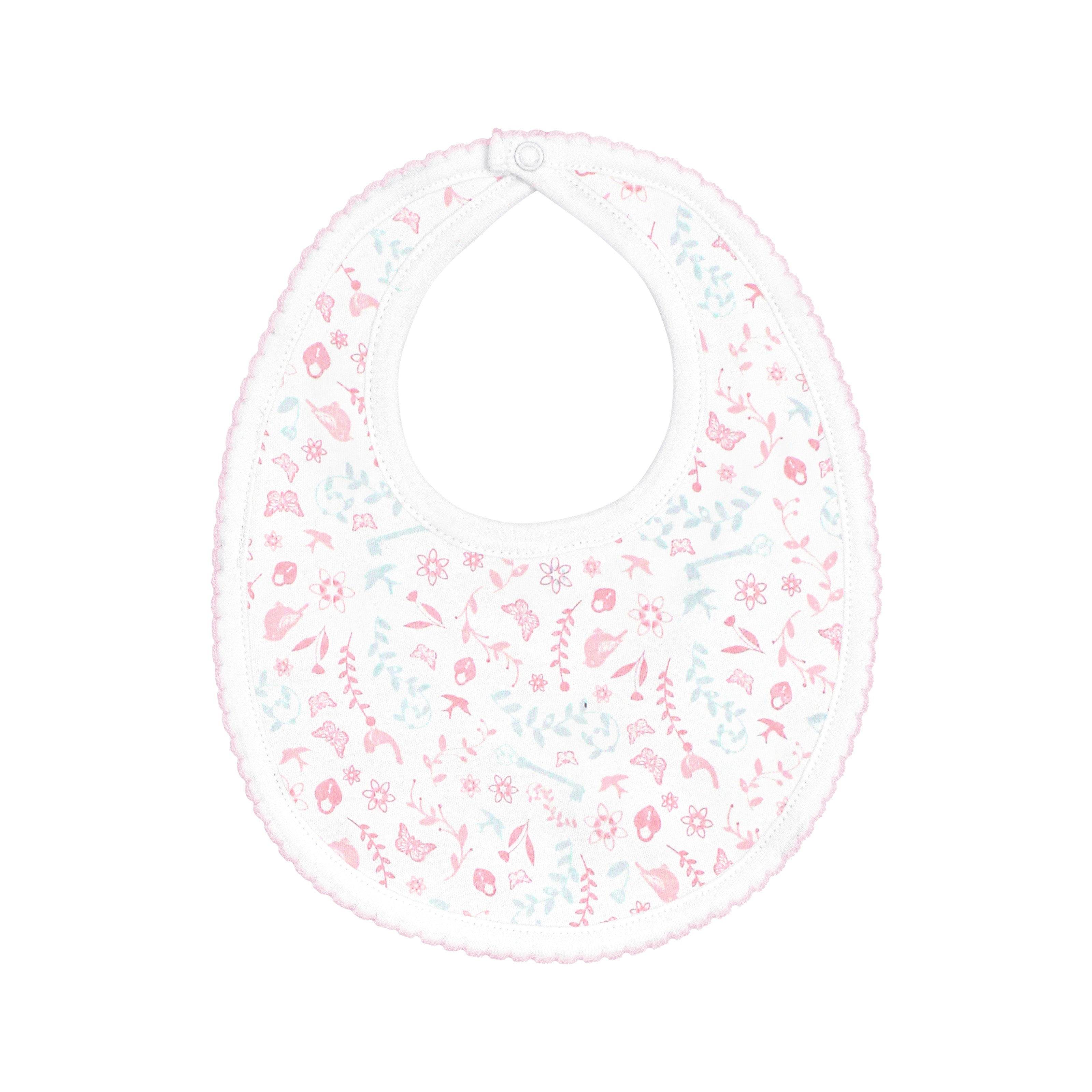 Beautiful baby girl bib featuring birds and flowers print on premium Peruvian Pima cotton — soft, breathable, and baby-friendly.