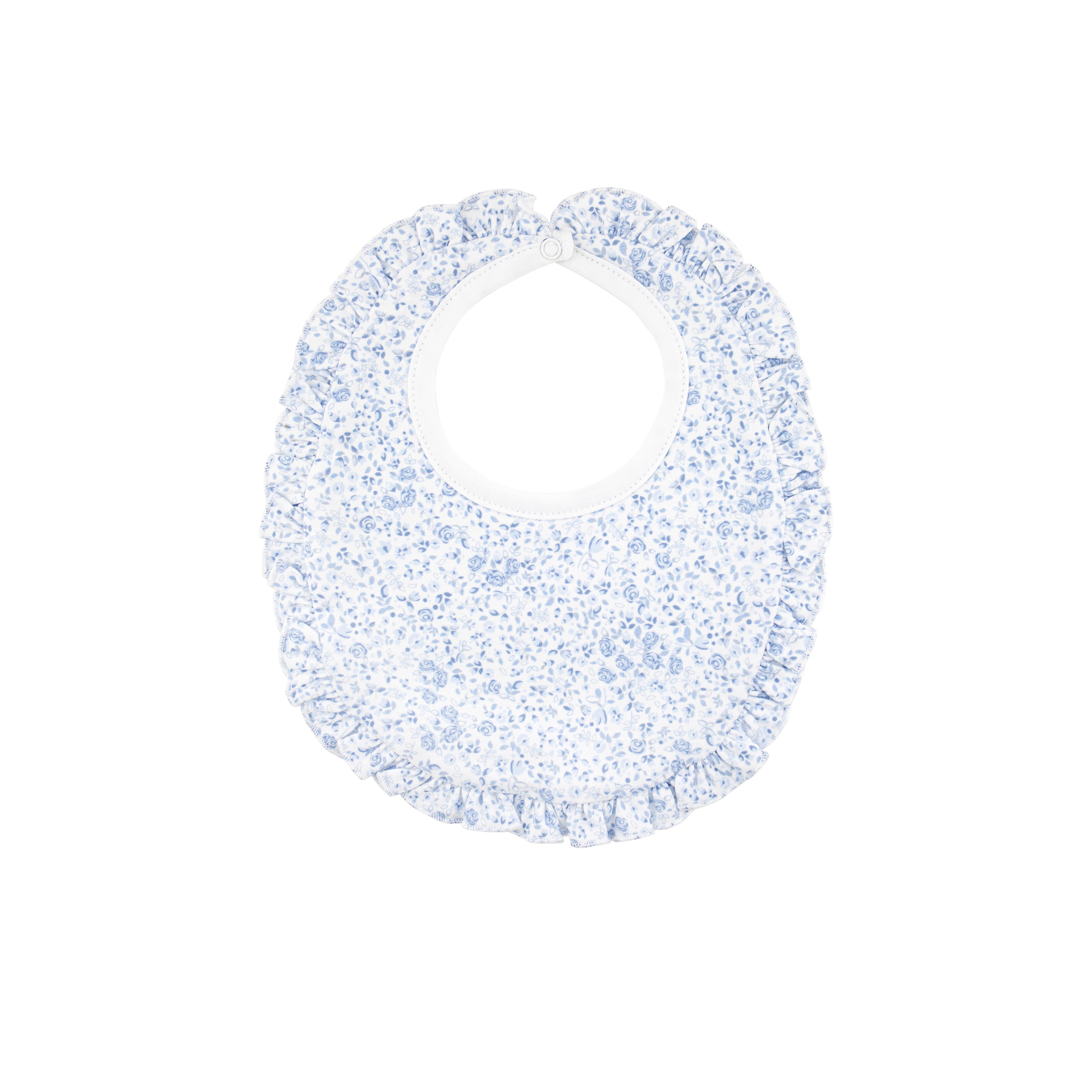  Elegant baby girl bib with blue roses print on soft, breathable Peruvian Pima cotton — gentle and comfortable for delicate skin.
