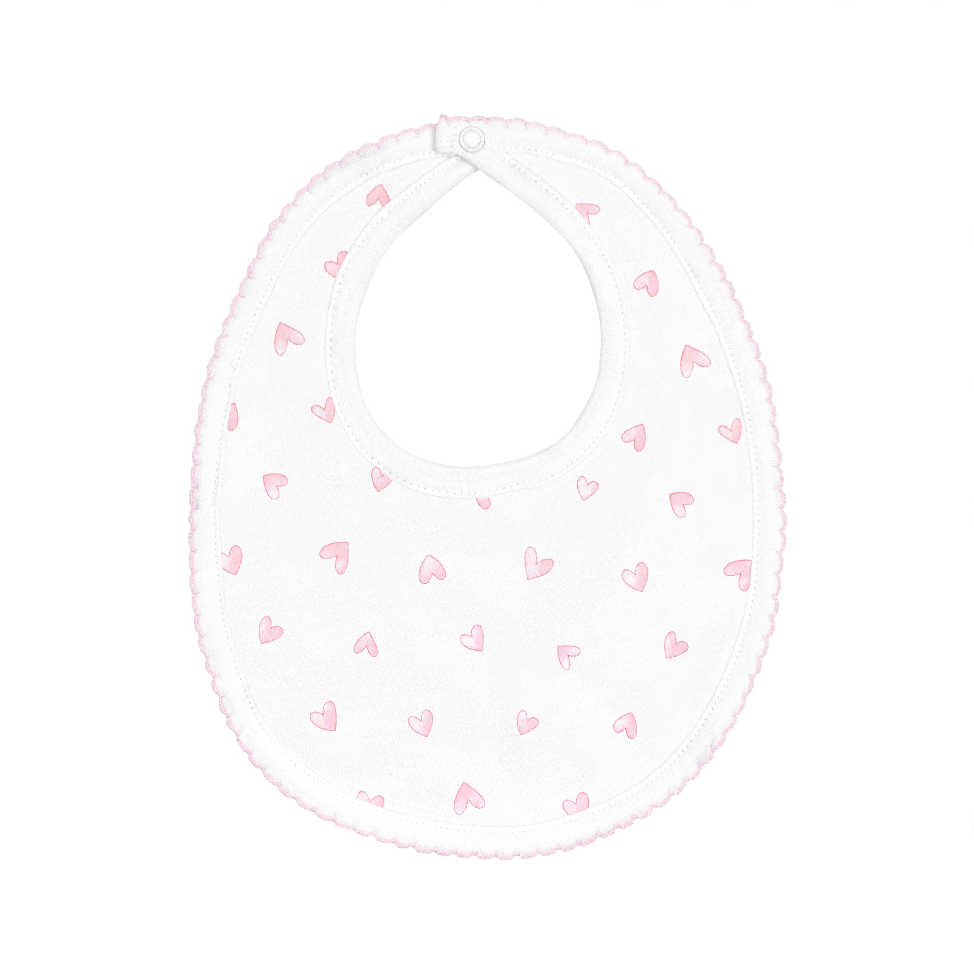  Lovely baby girl bib featuring festive hearts print on soft, breathable Peruvian Pima cotton — gentle on delicate skin.