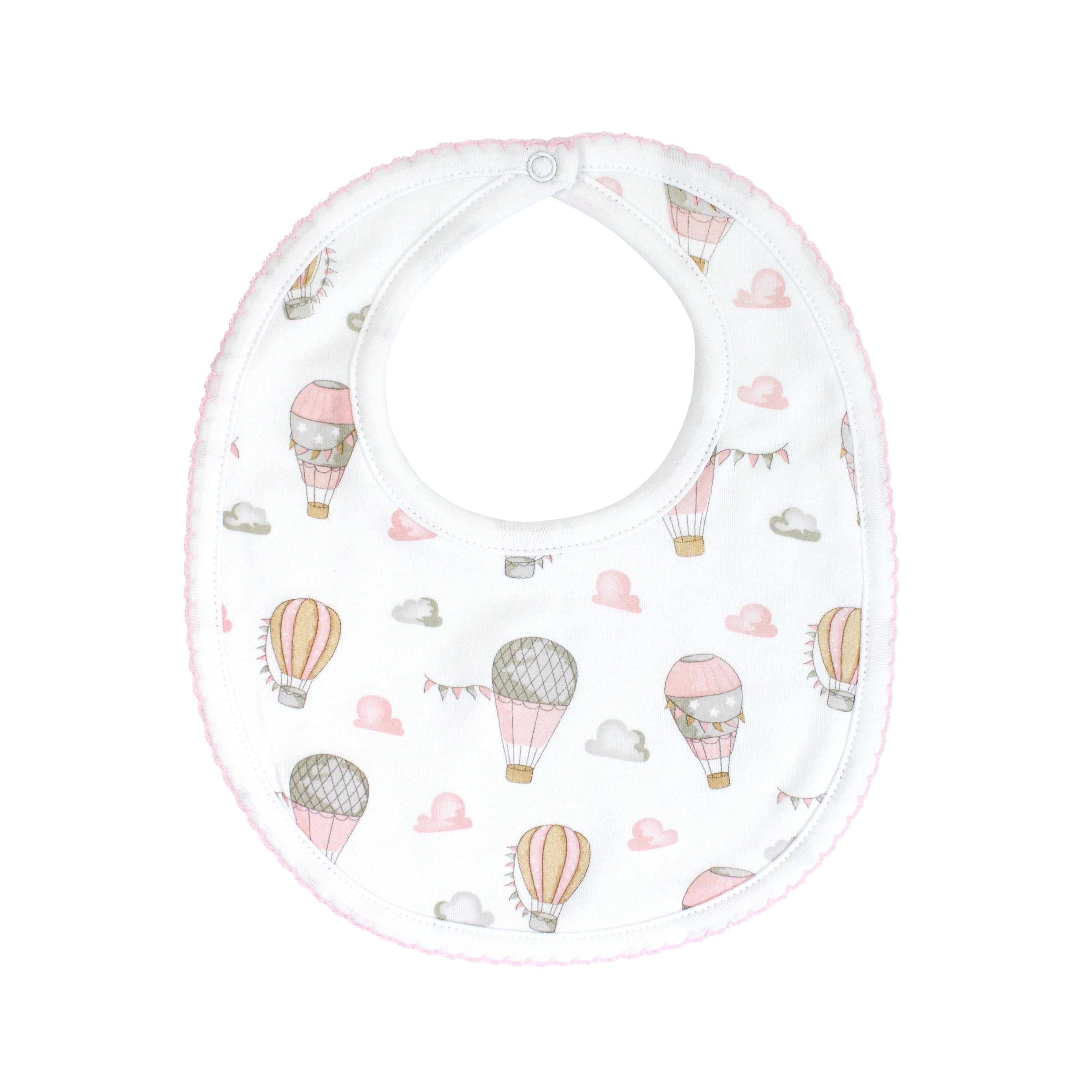  Delicate baby girl bib printed with fly away design on soft, breathable Peruvian Pima cotton — gentle and comfortable on baby skin.