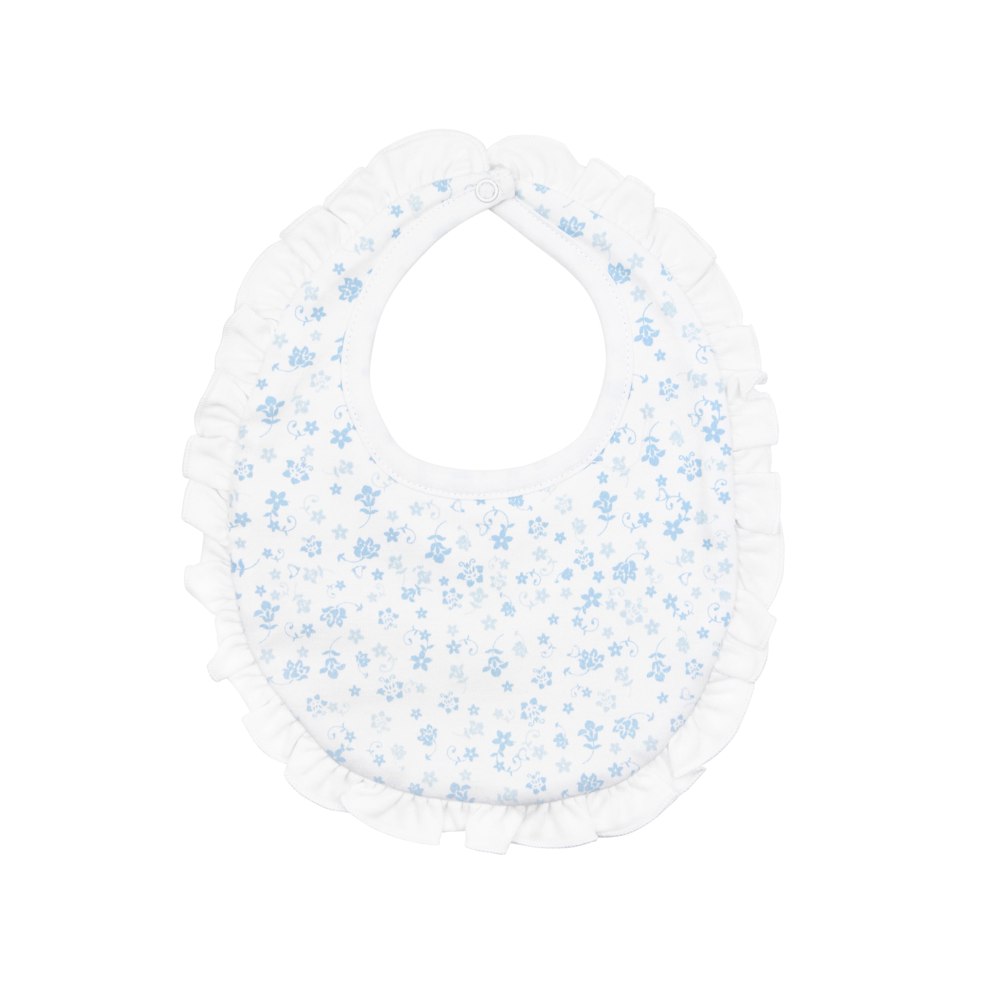  Delicate baby girl bib featuring light blue antique flowers print on soft Peruvian Pima cotton — breathable and gentle on baby skin.