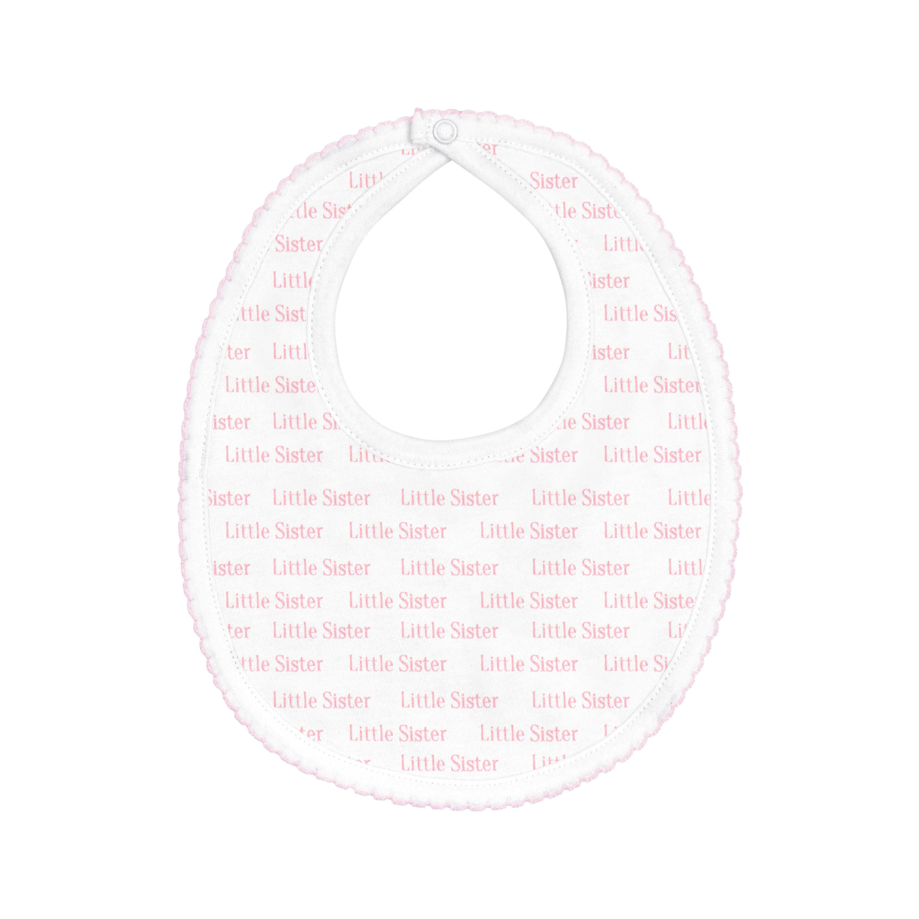  Sweet baby girl bib printed with “My Little Sister” design on premium Peruvian Pima cotton — soft, breathable, and baby-friendly.