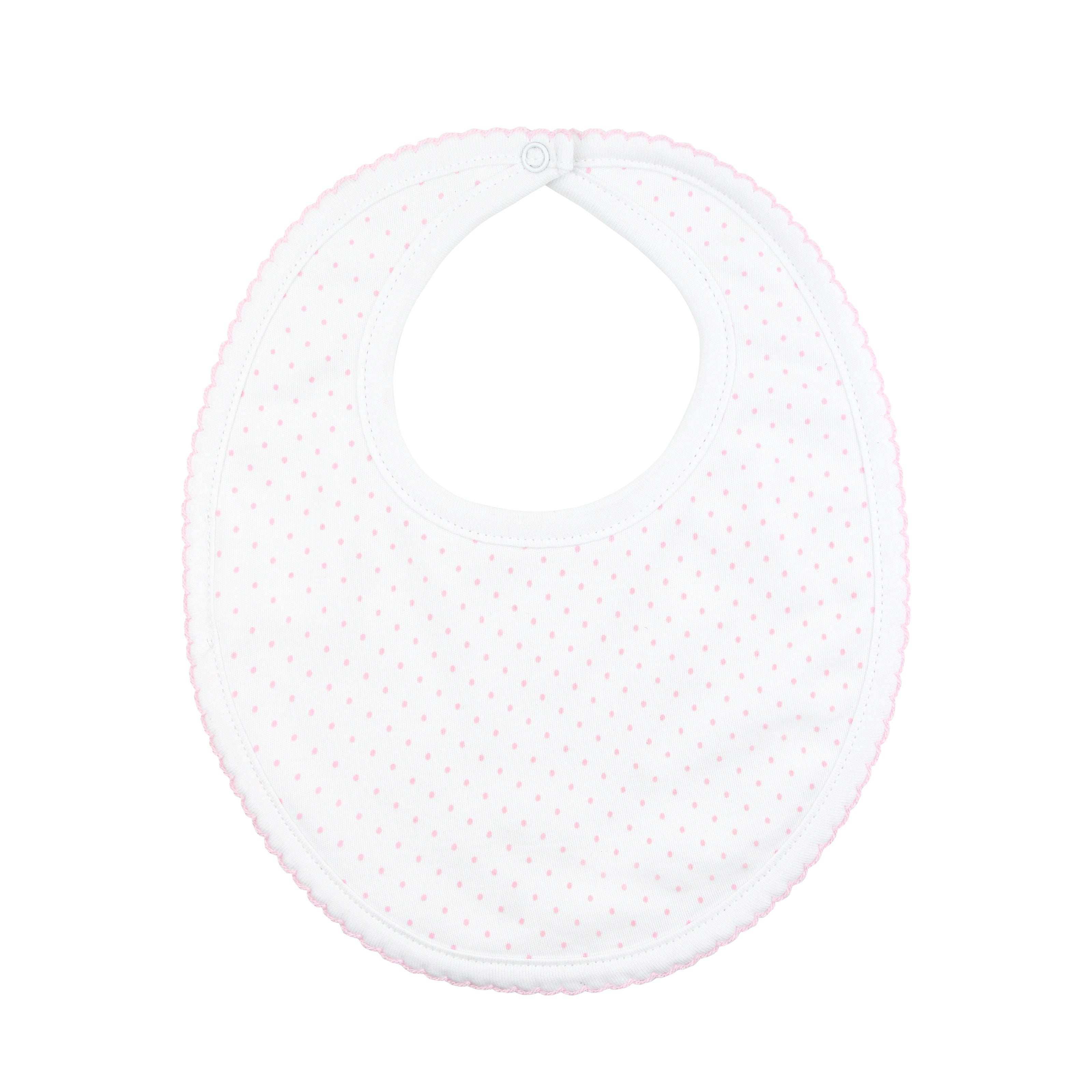  Sweet baby girl bib with pink dots print on soft, breathable Peruvian Pima cotton — gentle and comfortable for delicate skin.