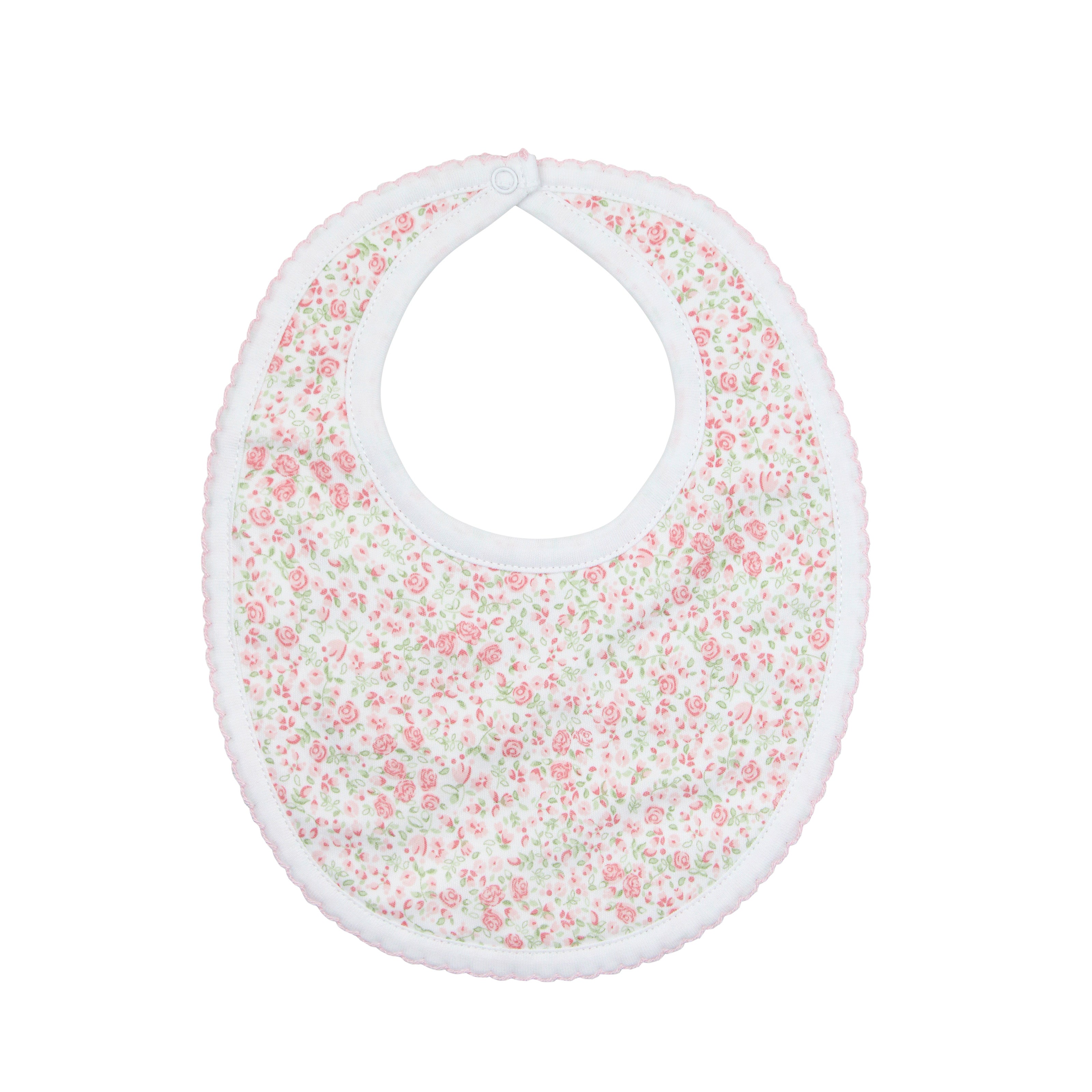  Elegant baby girl bib with roses garden print on premium Peruvian Pima cotton — soft, breathable, and perfect for sensitive skin.