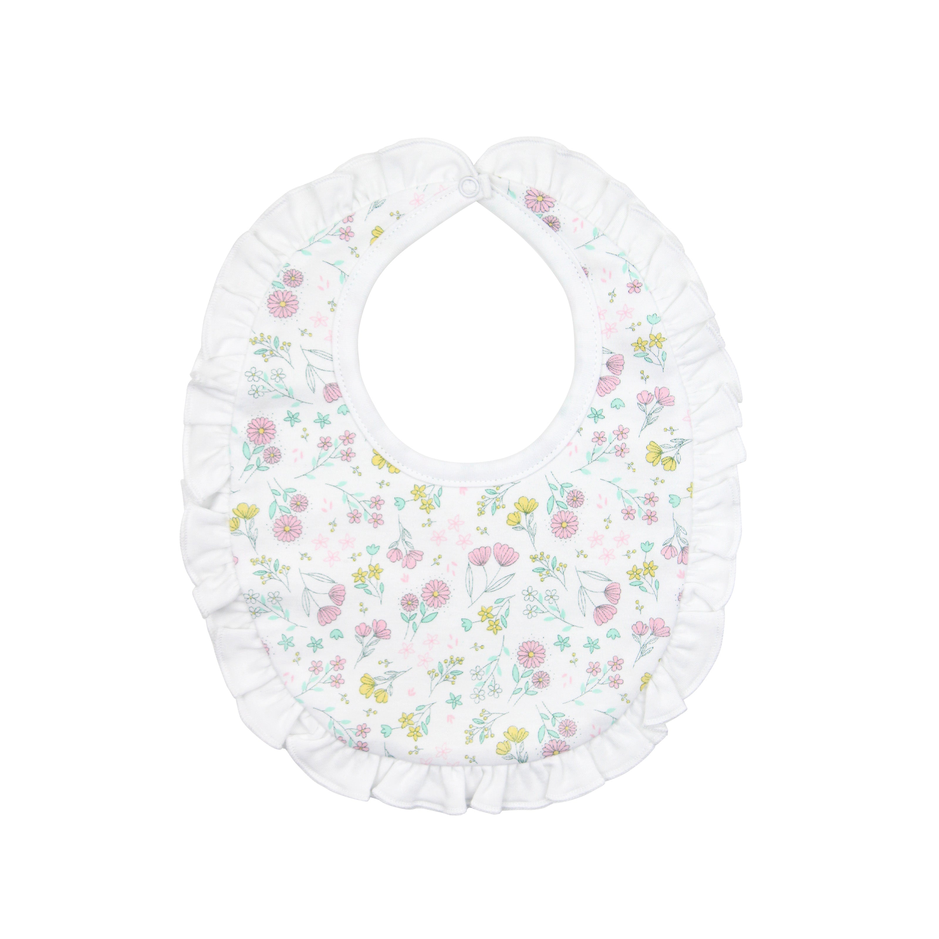  Fresh baby girl bib with spring blossoms design, printed on soft, breathable Peruvian Pima cotton — gentle and comfortable for delicate skin.

