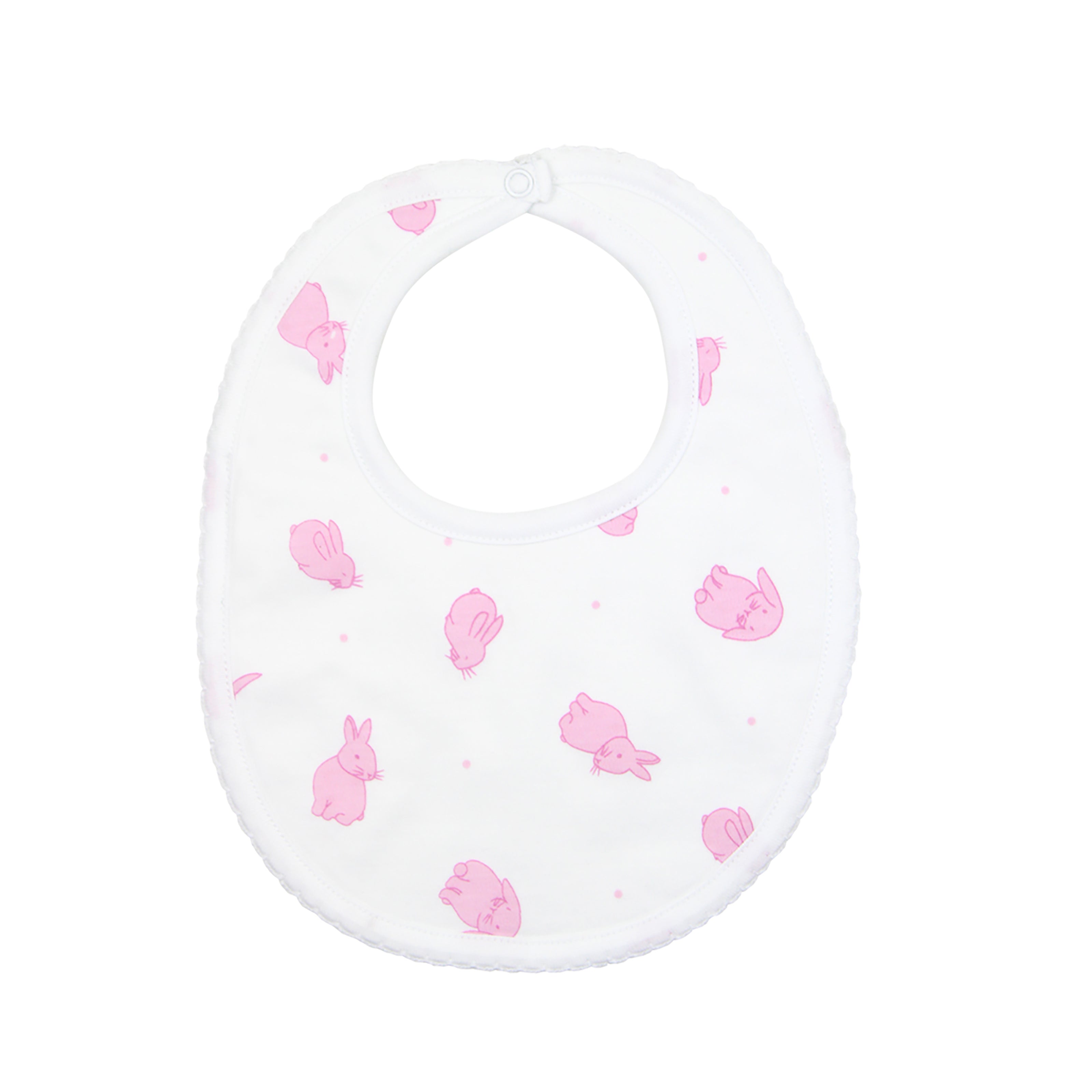 Adorable baby girl bib with sweet bunny print on soft, breathable Peruvian Pima cotton — gentle and comfy for delicate skin.