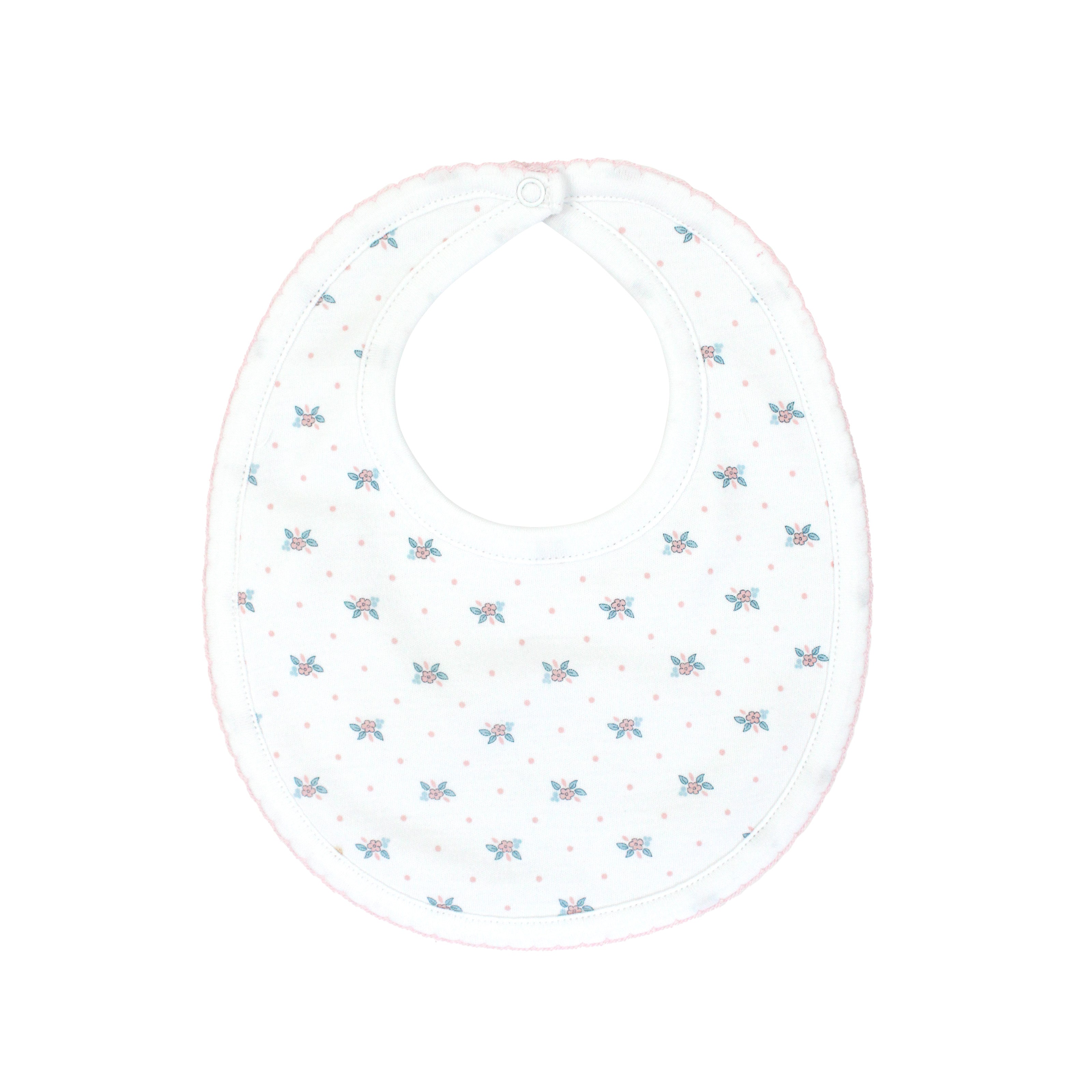  Sweet baby girl bib featuring tiny flowers print on luxurious Peruvian Pima cotton — ultra-soft and gentle on baby skin.