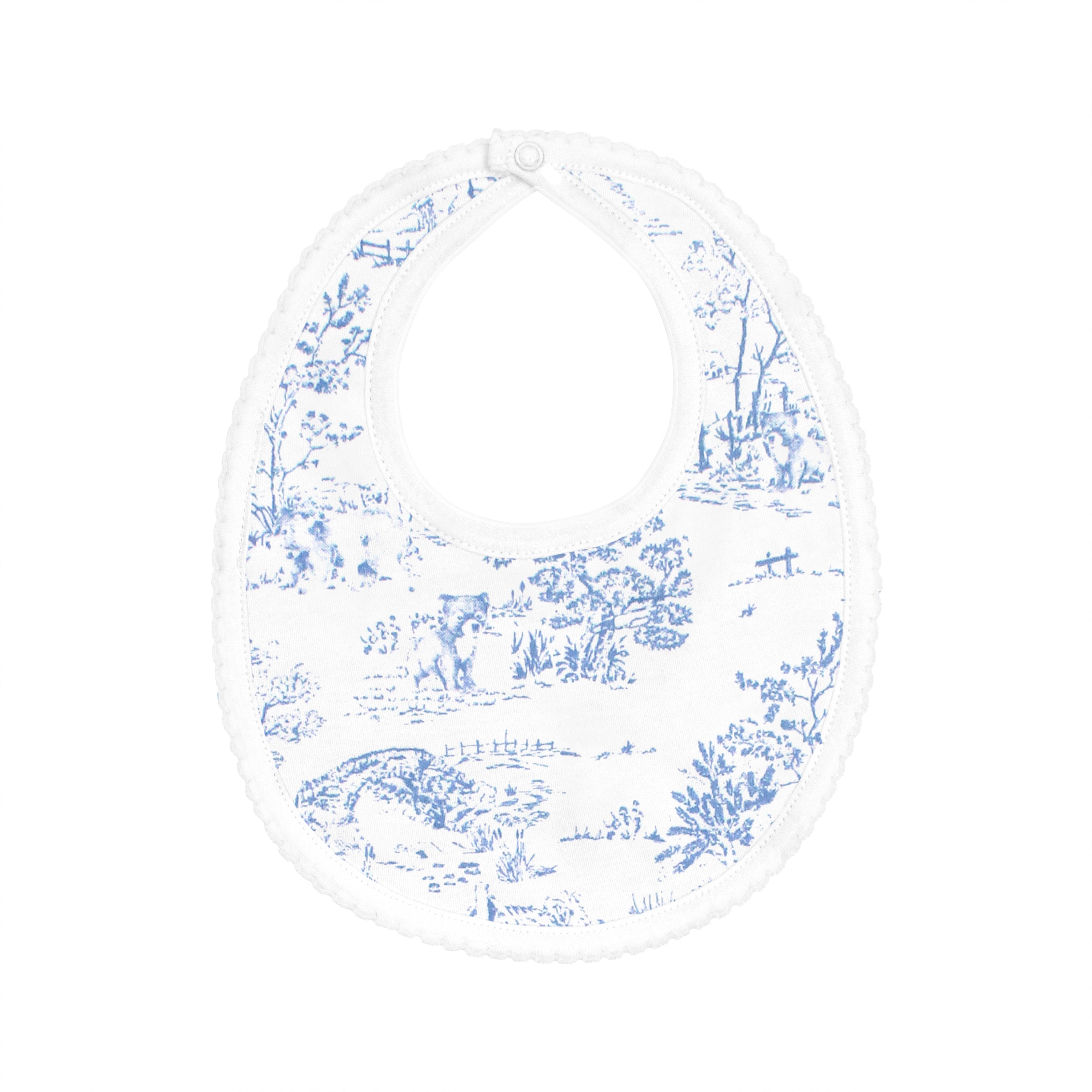  Beautiful baby girl bib featuring toile de jouy print on soft, breathable Peruvian Pima cotton — gentle and comfy for delicate skin.

