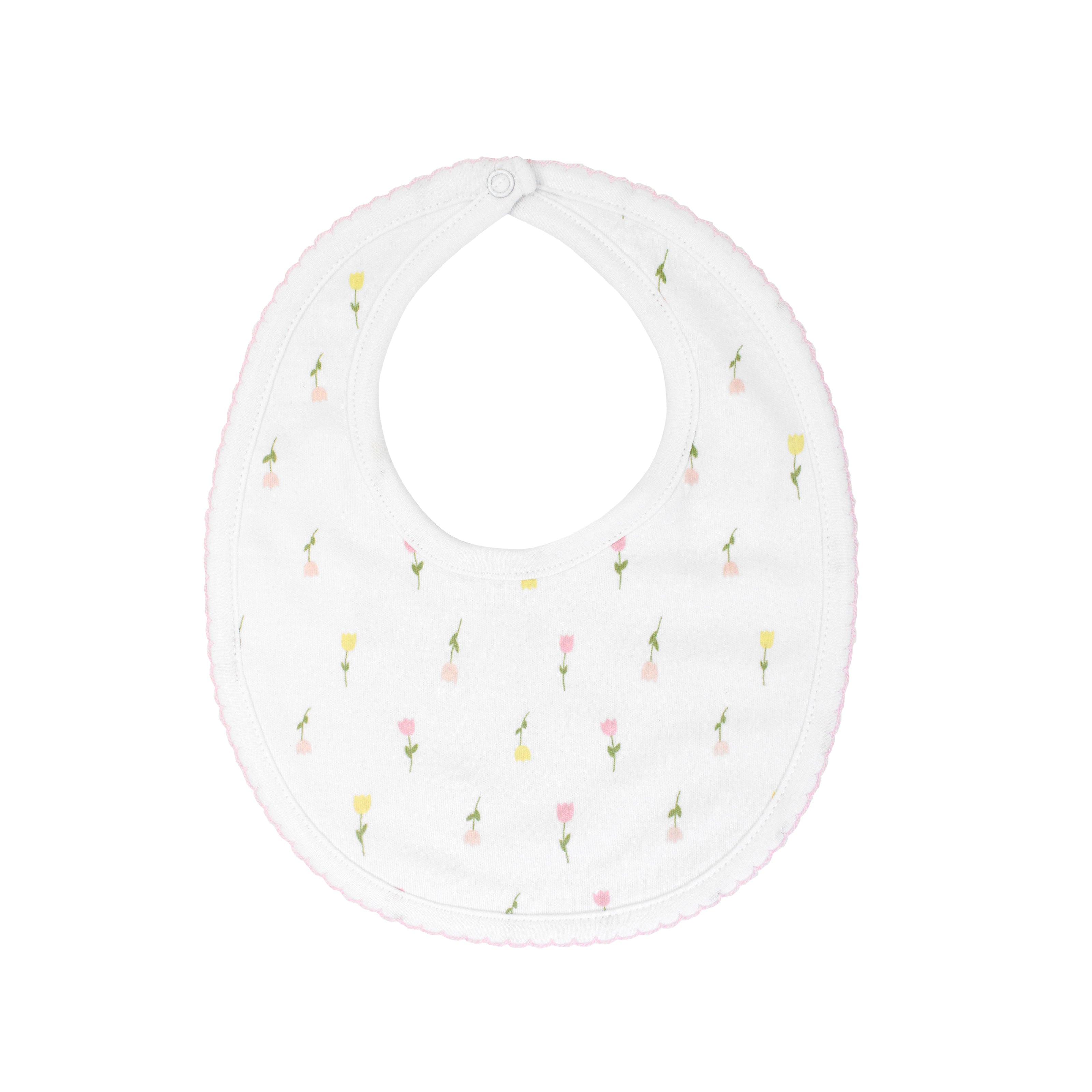  Delicate baby girl bib printed with tulip flowers pattern on premium Peruvian Pima cotton — soft, breathable, and ideal for sensitive skin.
